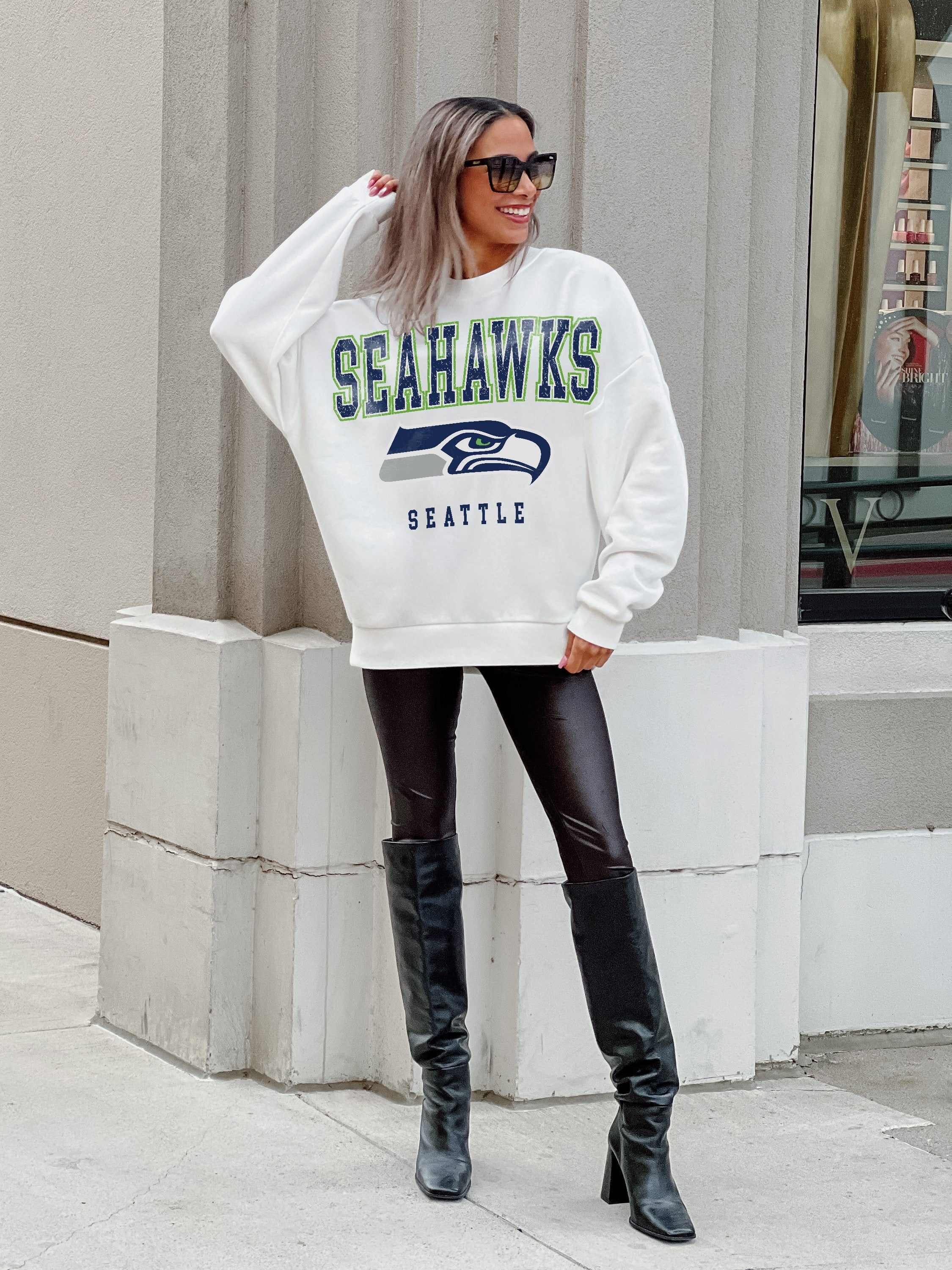 SEATTLE SEAHAWKS SUNDAY DRIVES PREMIUM FLEECE DROP SHOULDER CREWNECK P –  GAMEDAY COUTURE