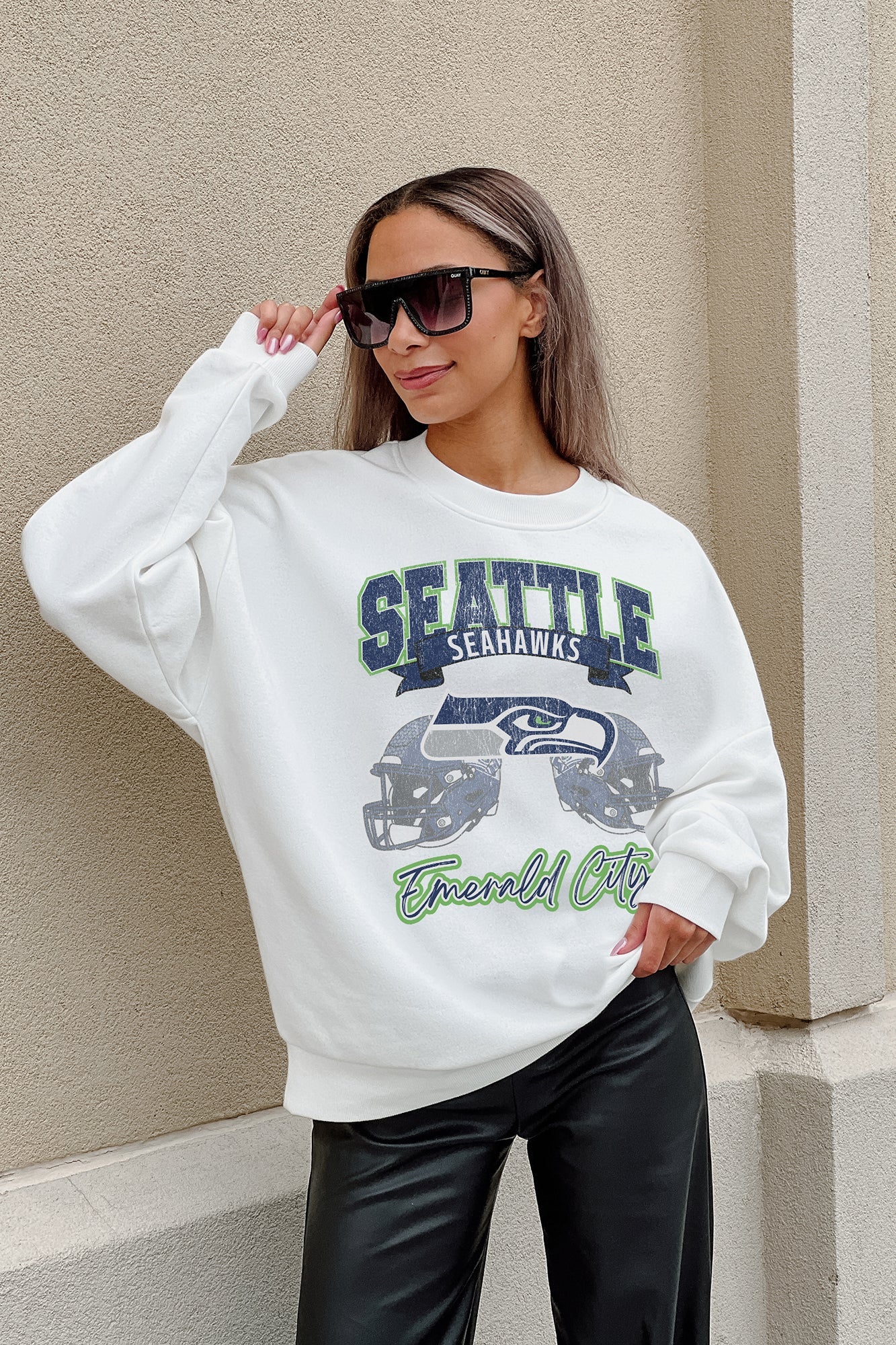 SEATTLE SEAHAWKS PASSING TIME PREMIUM FLEECE DROP SHOULDER CREWNECK PULLOVER