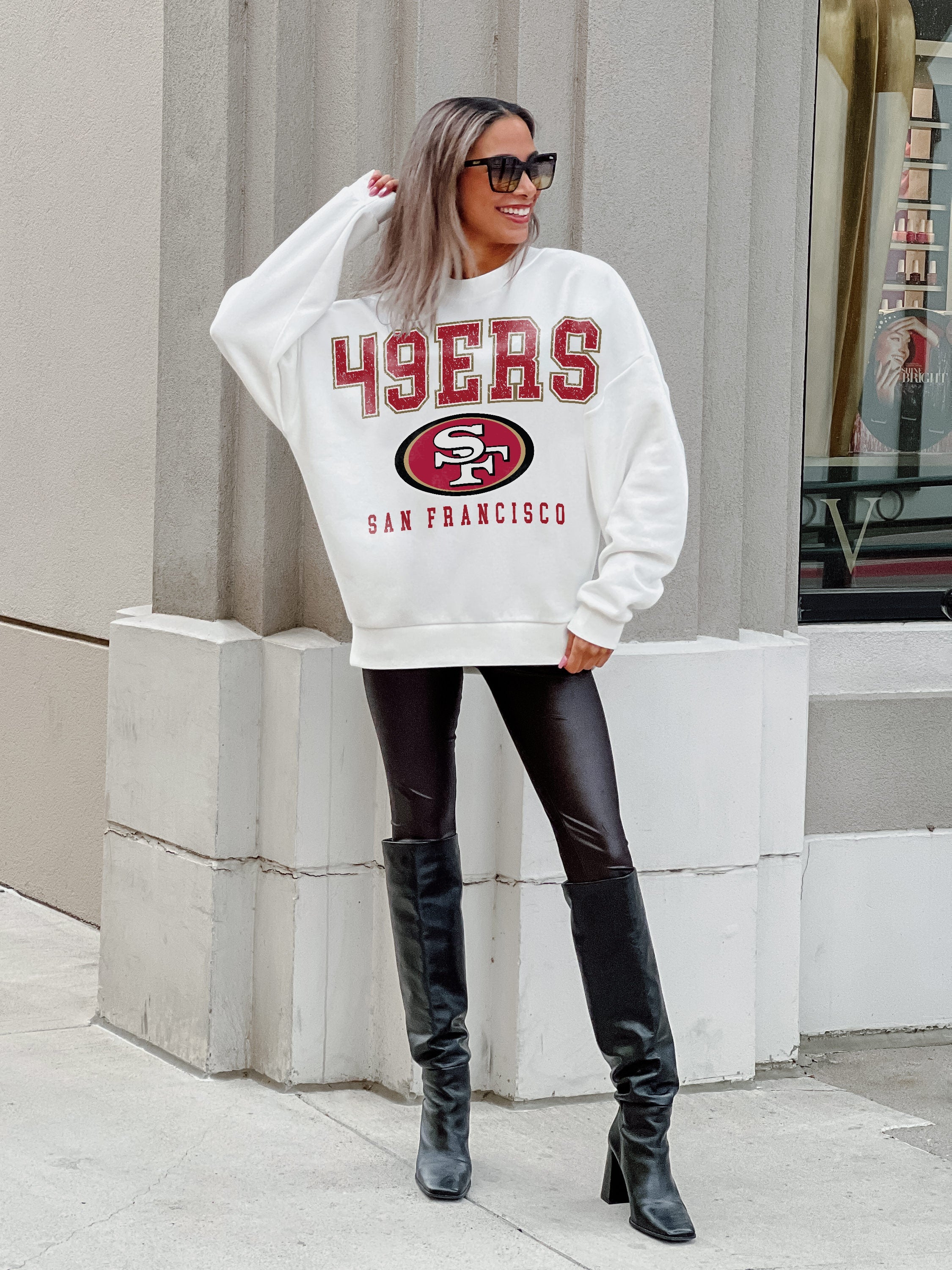 SAN FRANCISCO 49ERS SUNDAY DRIVES PREMIUM FLEECE DROP SHOULDER CREWNECK PULLOVER