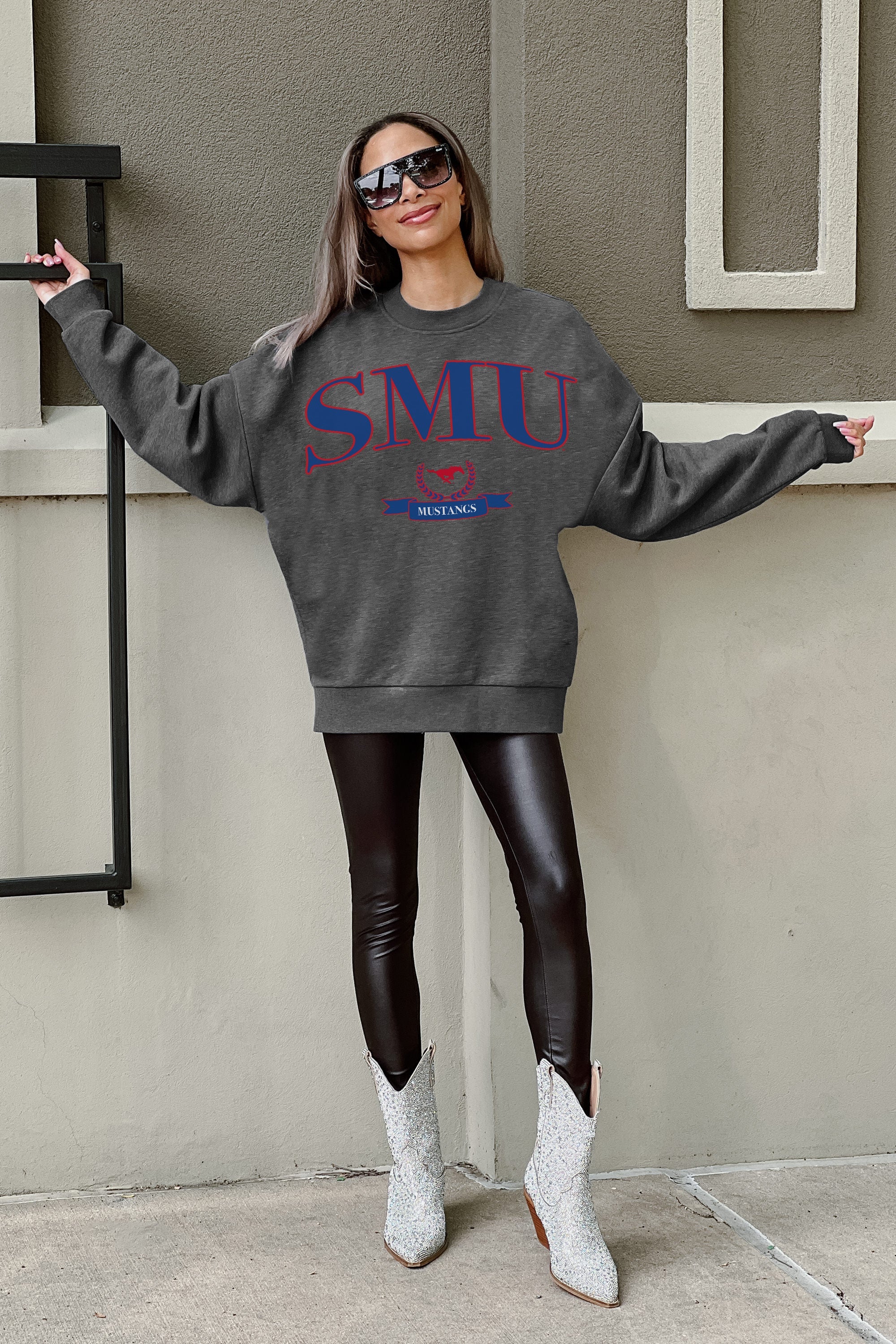 SMU MUSTANGS SEAL THE DEAL PREMIUM FLEECE DROP SHOULDER CREWNECK PULLOVER