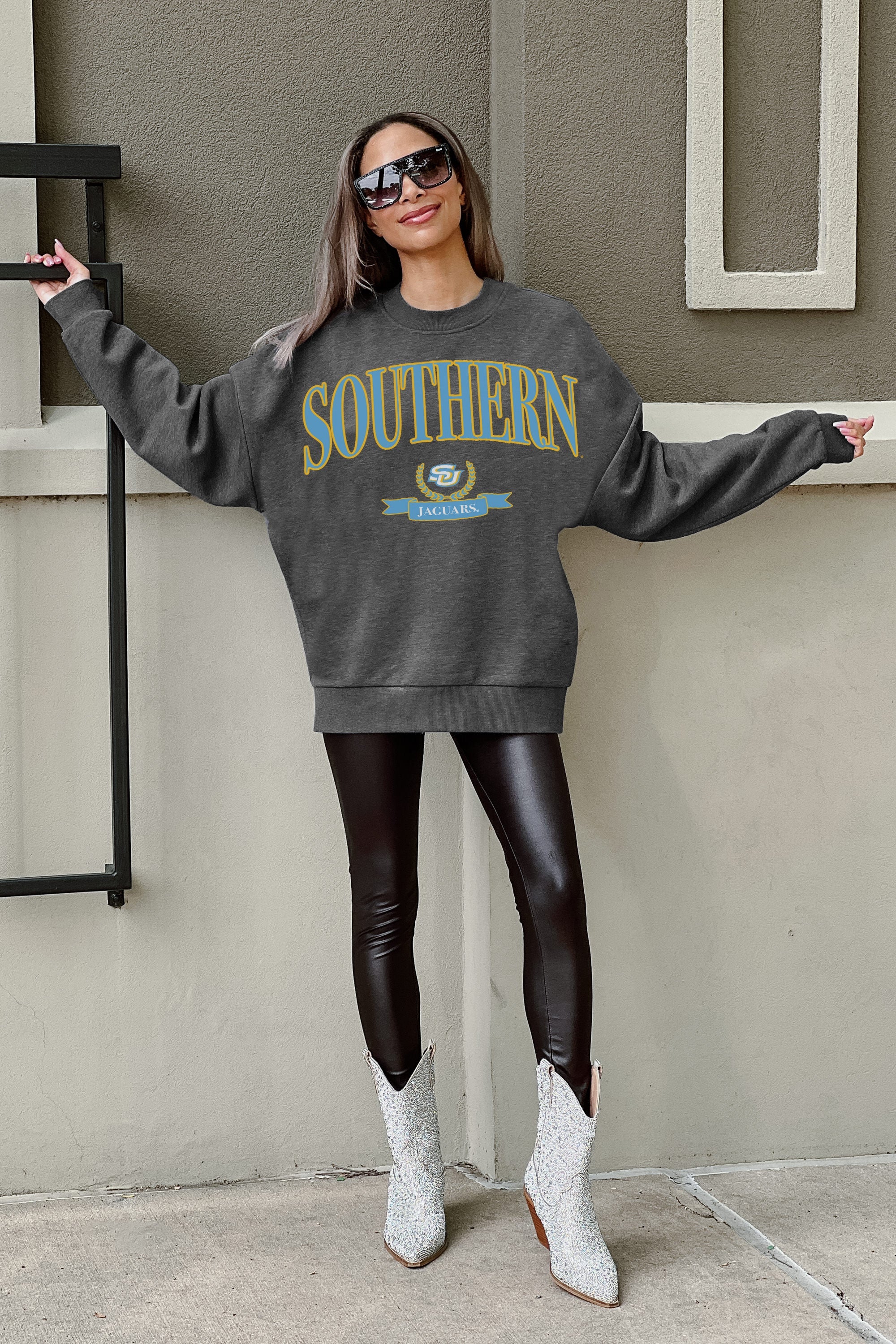 SOUTHERN JAGUARS SEAL THE DEAL PREMIUM FLEECE DROP SHOULDER CREWNECK PULLOVER