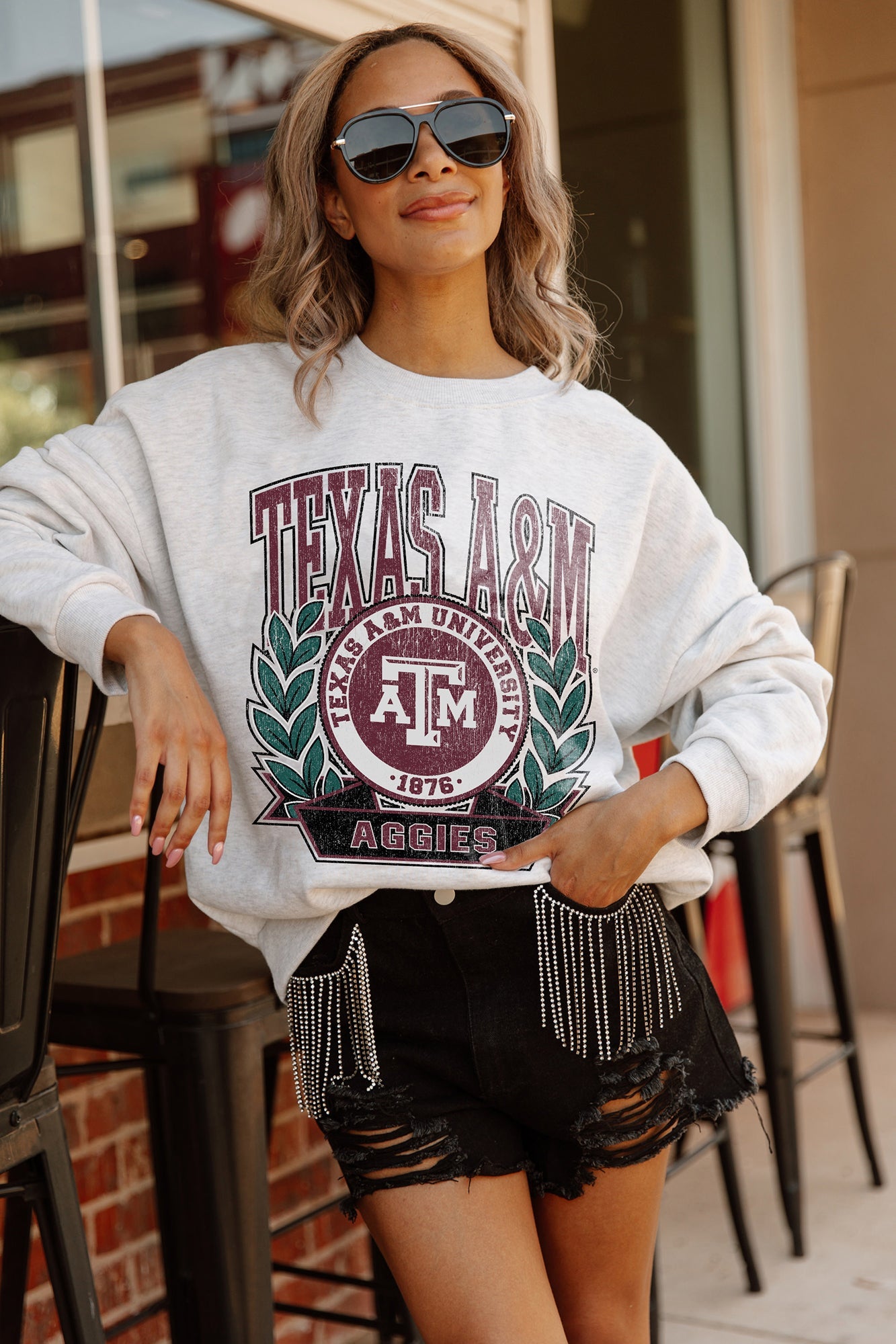 TEXAS A&M AGGIES GO FIGHT WIN PREMIUM FLEECE DROP SHOULDER CREWNECK PULLOVER BY MADI PREWETT