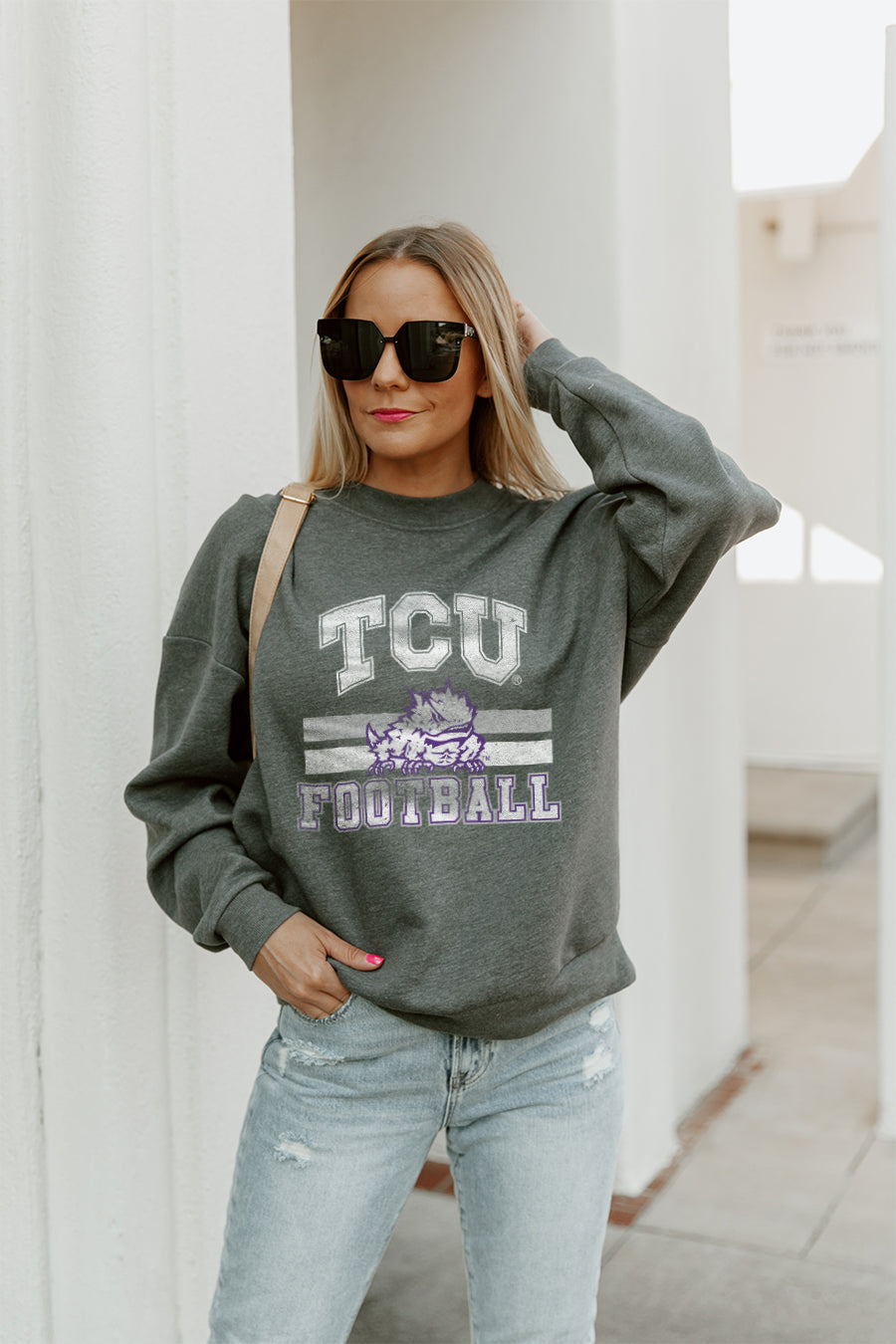 TCU HORNED FROGS PLAYMAKER PREMIUM FLEECE DROP SHOULDER CREWNECK PULLOVER