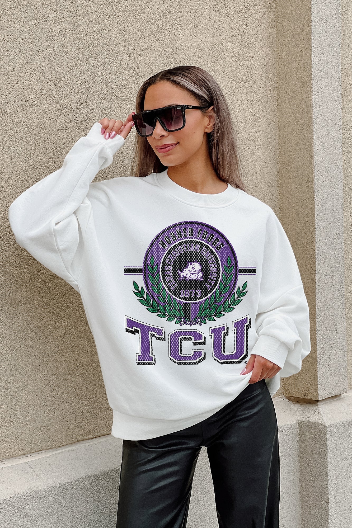 TCU HORNED FROGS HOT SHOT PREMIUM FLEECE DROP SHOULDER CREWNECK PULLOVER