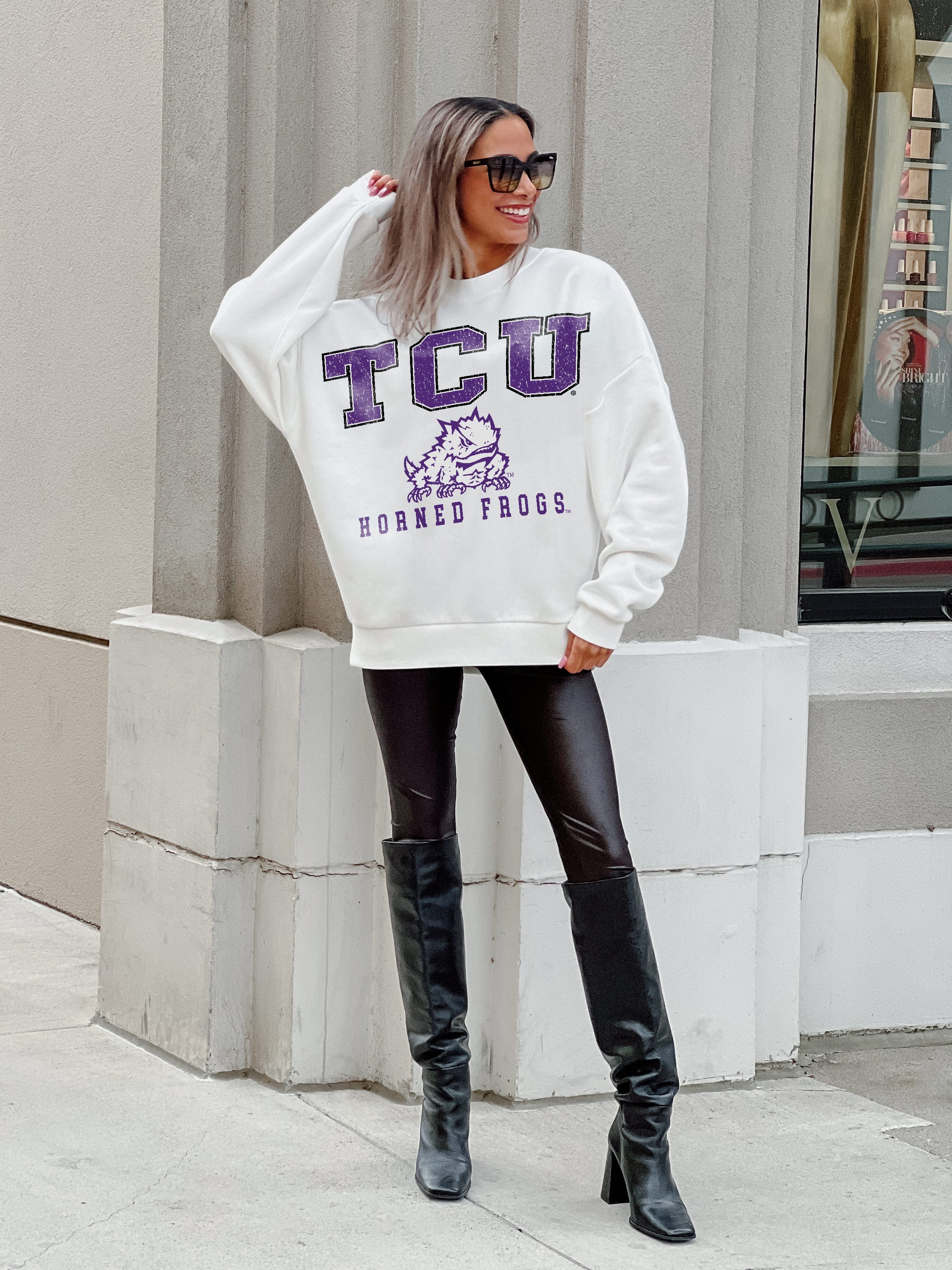 TCU HORNED FROGS FREESTYLE PREMIUM FLEECE DROP SHOULDER CREWNECK PULLOVER