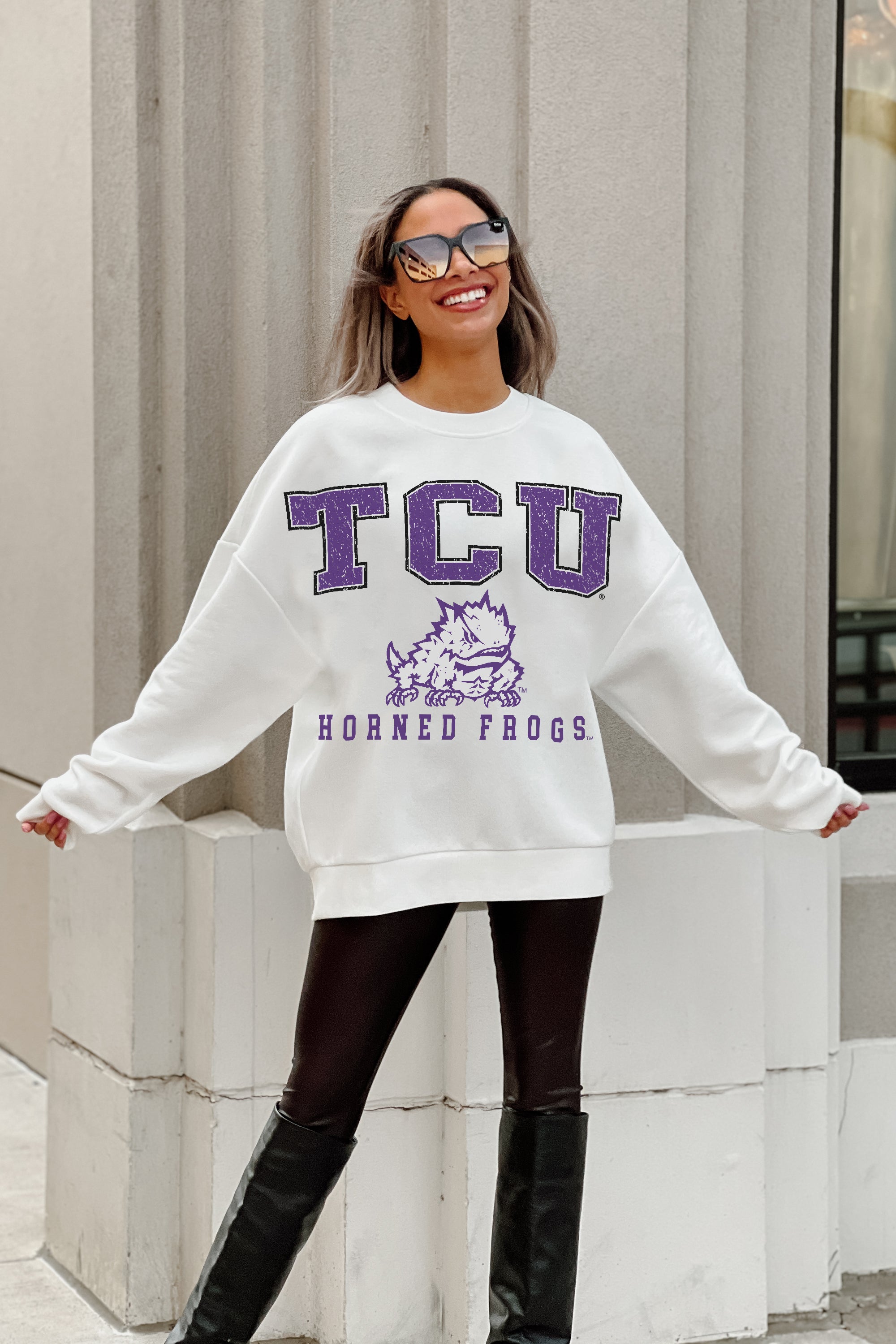 TCU HORNED FROGS FREESTYLE PREMIUM FLEECE DROP SHOULDER CREWNECK PULLOVER