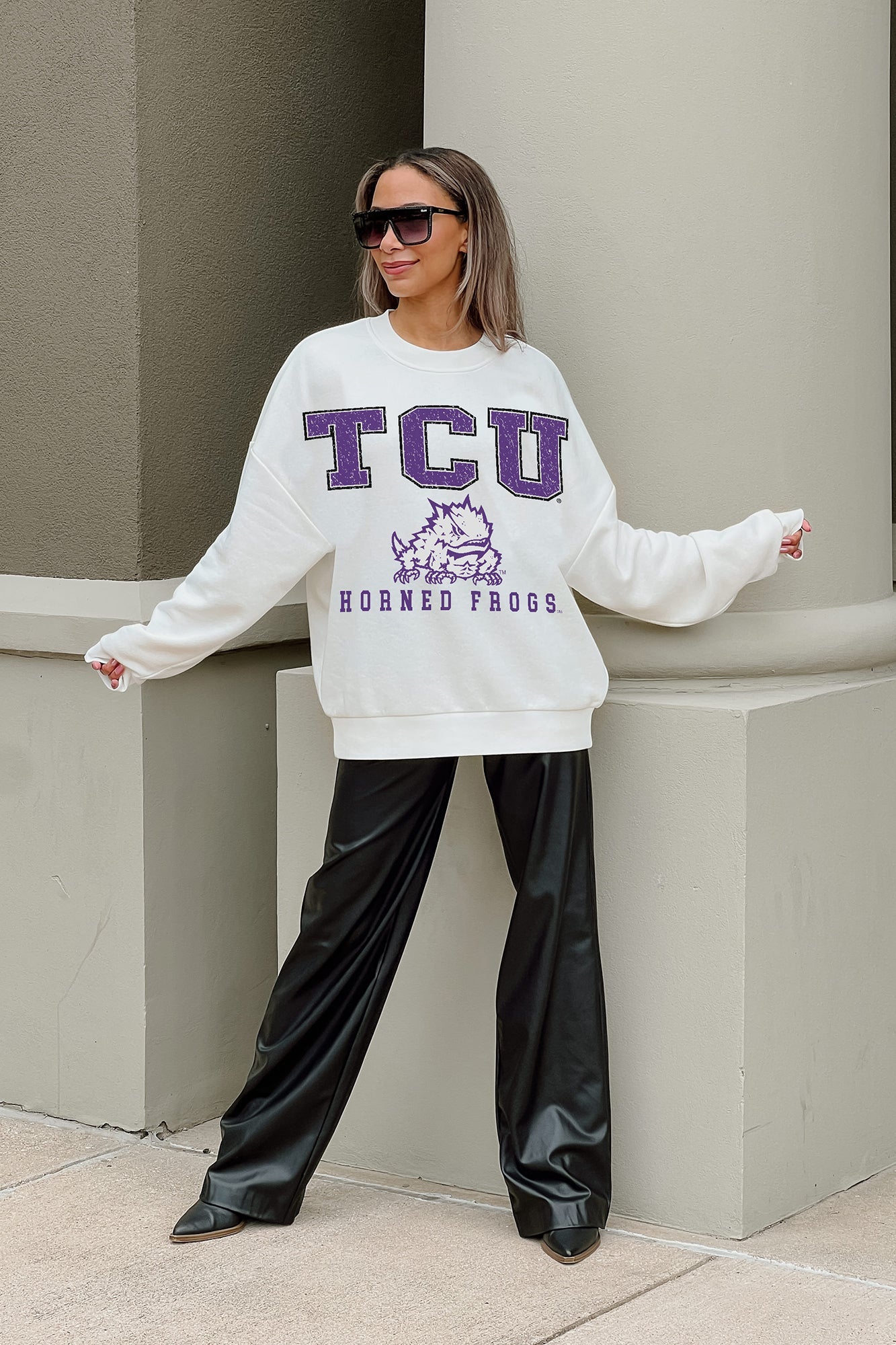 TCU HORNED FROGS FREESTYLE PREMIUM FLEECE DROP SHOULDER CREWNECK PULLOVER