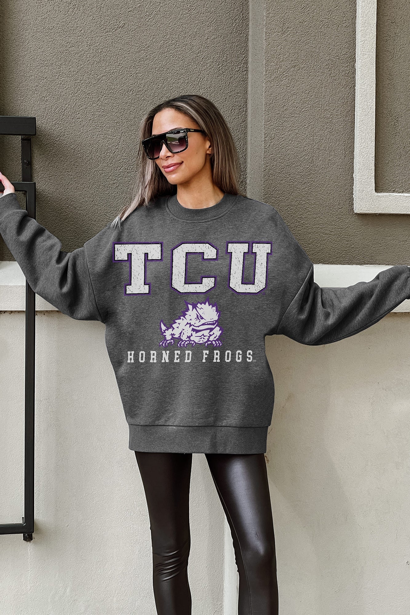 TCU HORNED FROGS EASY STREET PREMIUM FLEECE DROP SHOULDER CREWNECK PULLOVER