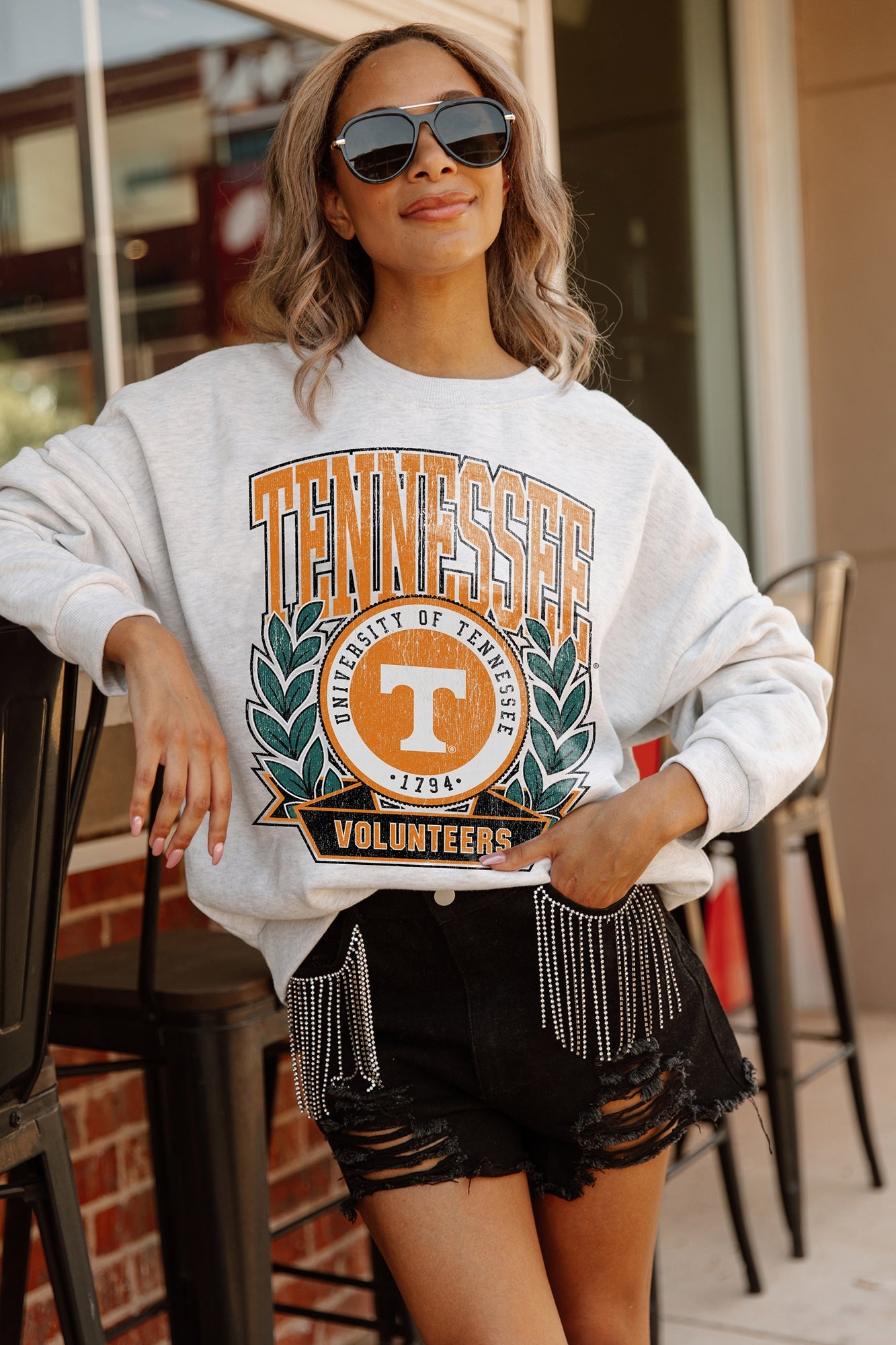 TENNESSEE VOLUNTEERS GO FIGHT WIN PREMIUM FLEECE DROP SHOULDER CREWNECK PULLOVER BY MADI PREWETT