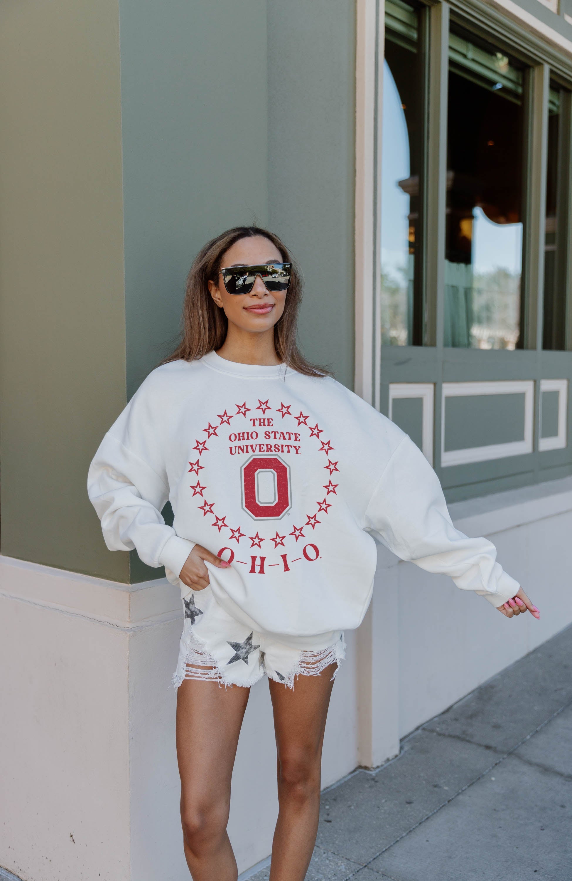 OHIO STATE BUCKEYES SUPERSTAR PREMIUM FLEECE DROP SHOULDER CREWNECK PULLOVER