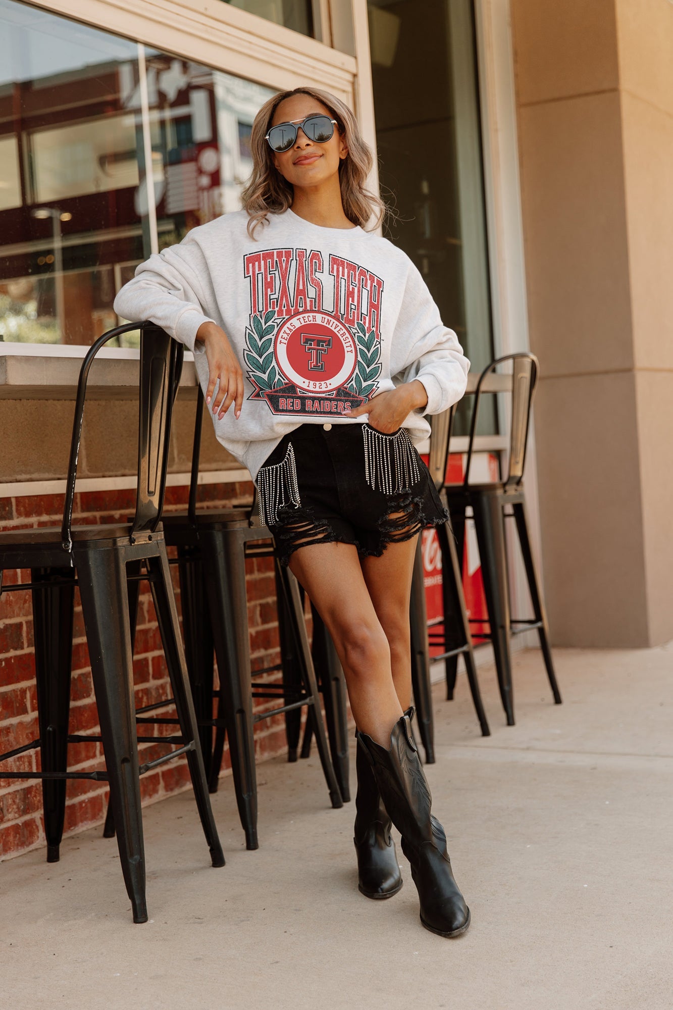 TEXAS TECH RED RAIDERS GO FIGHT WIN PREMIUM FLEECE DROP SHOULDER CREWNECK PULLOVER BY MADI PREWETT