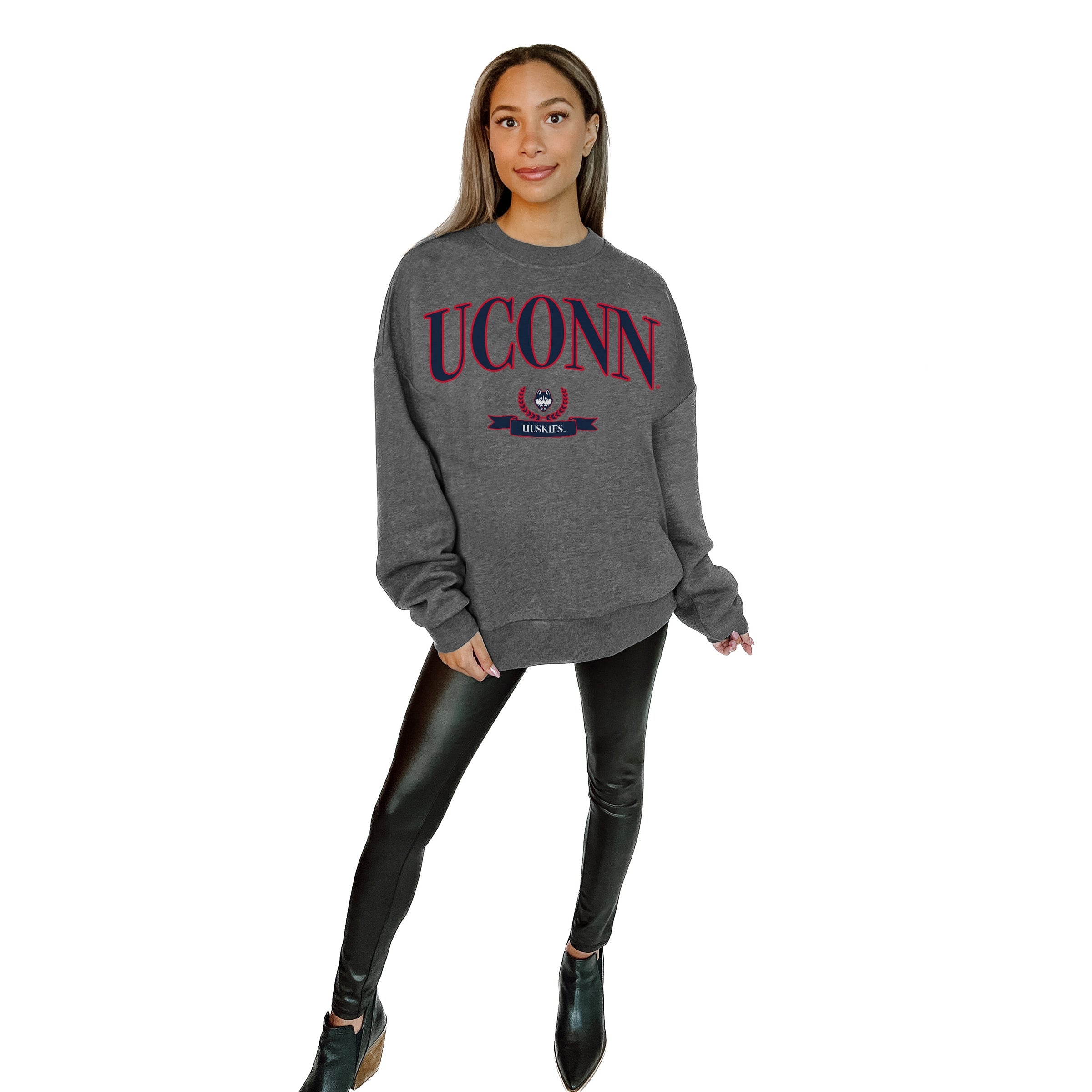 UCONN HUSKIES SEAL THE DEAL PREMIUM FLEECE DROP SHOULDER CREWNECK PULLOVER