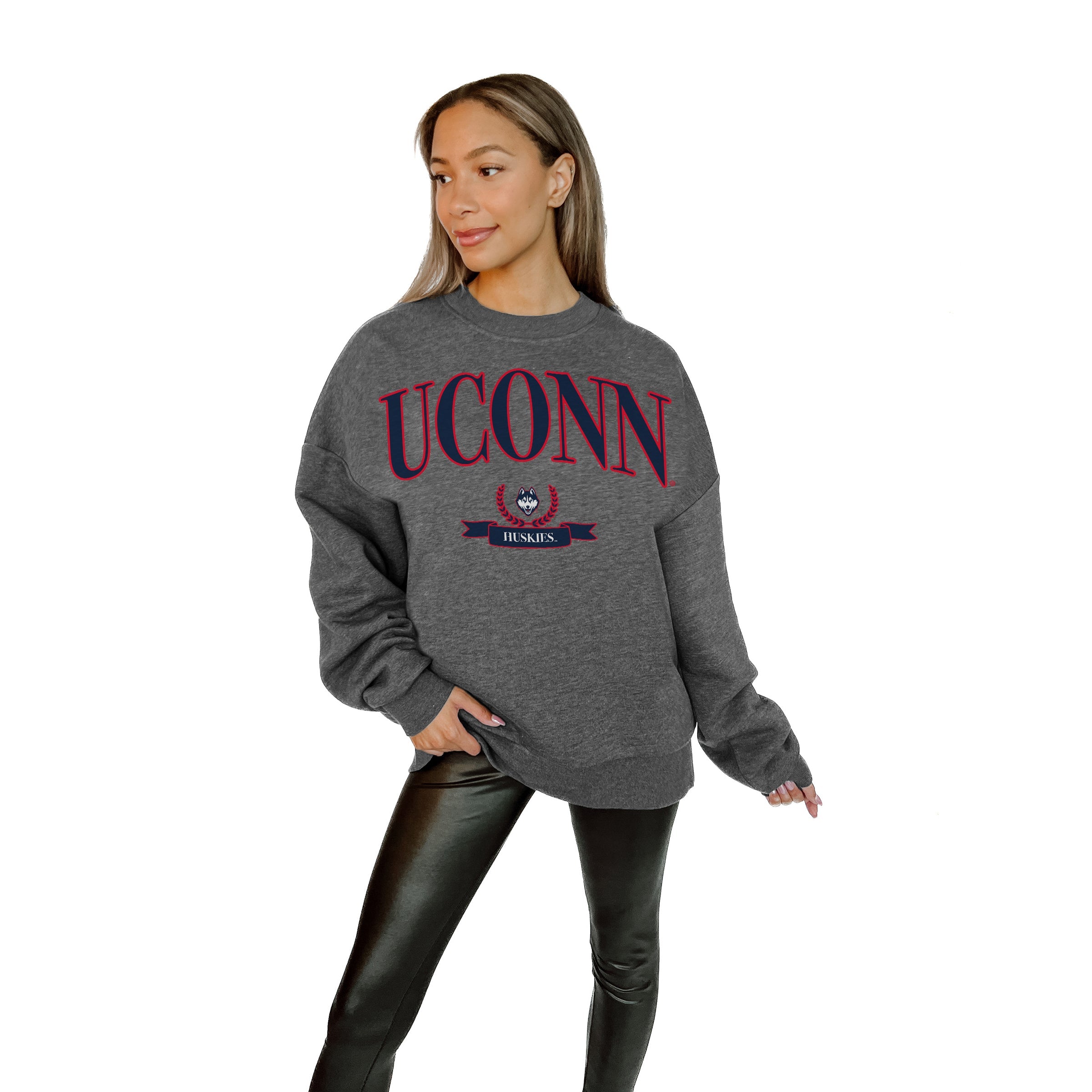 UCONN HUSKIES SEAL THE DEAL PREMIUM FLEECE DROP SHOULDER CREWNECK PULLOVER