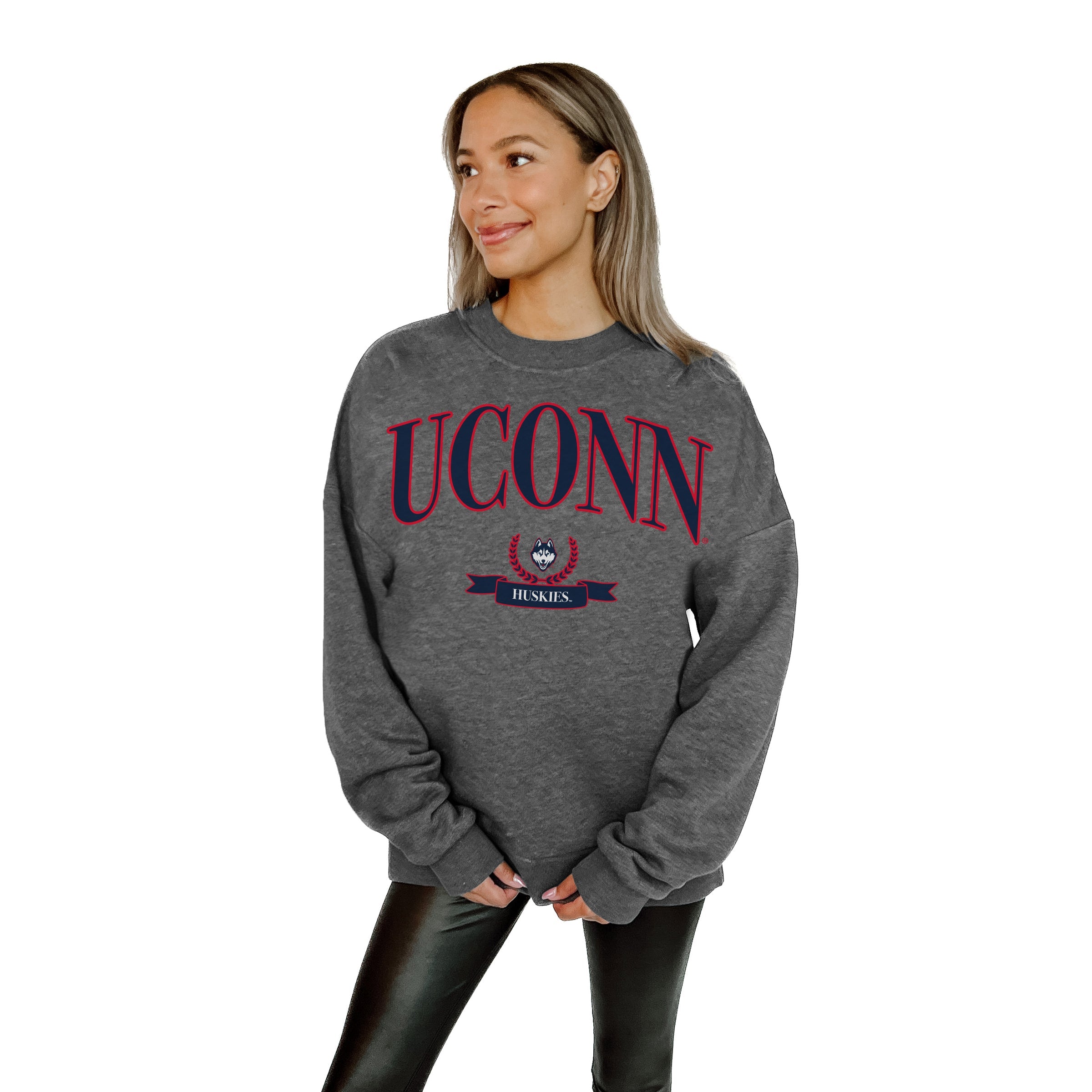 UCONN HUSKIES SEAL THE DEAL PREMIUM FLEECE DROP SHOULDER CREWNECK PULLOVER