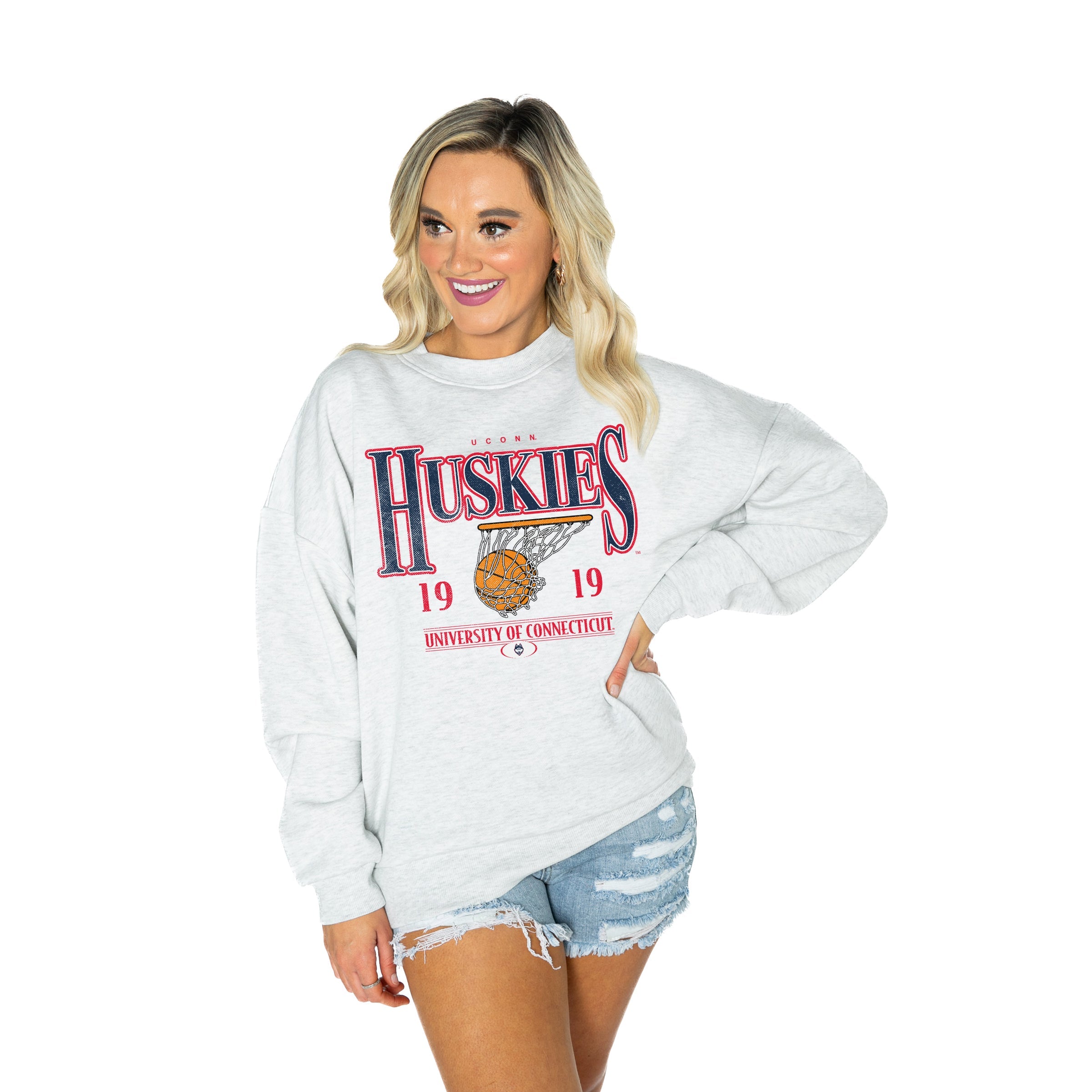 UCONN HUSKIES HAVE A BALL PREMIUM FLEECE DROP SHOULDER CREWNECK PULLOVER