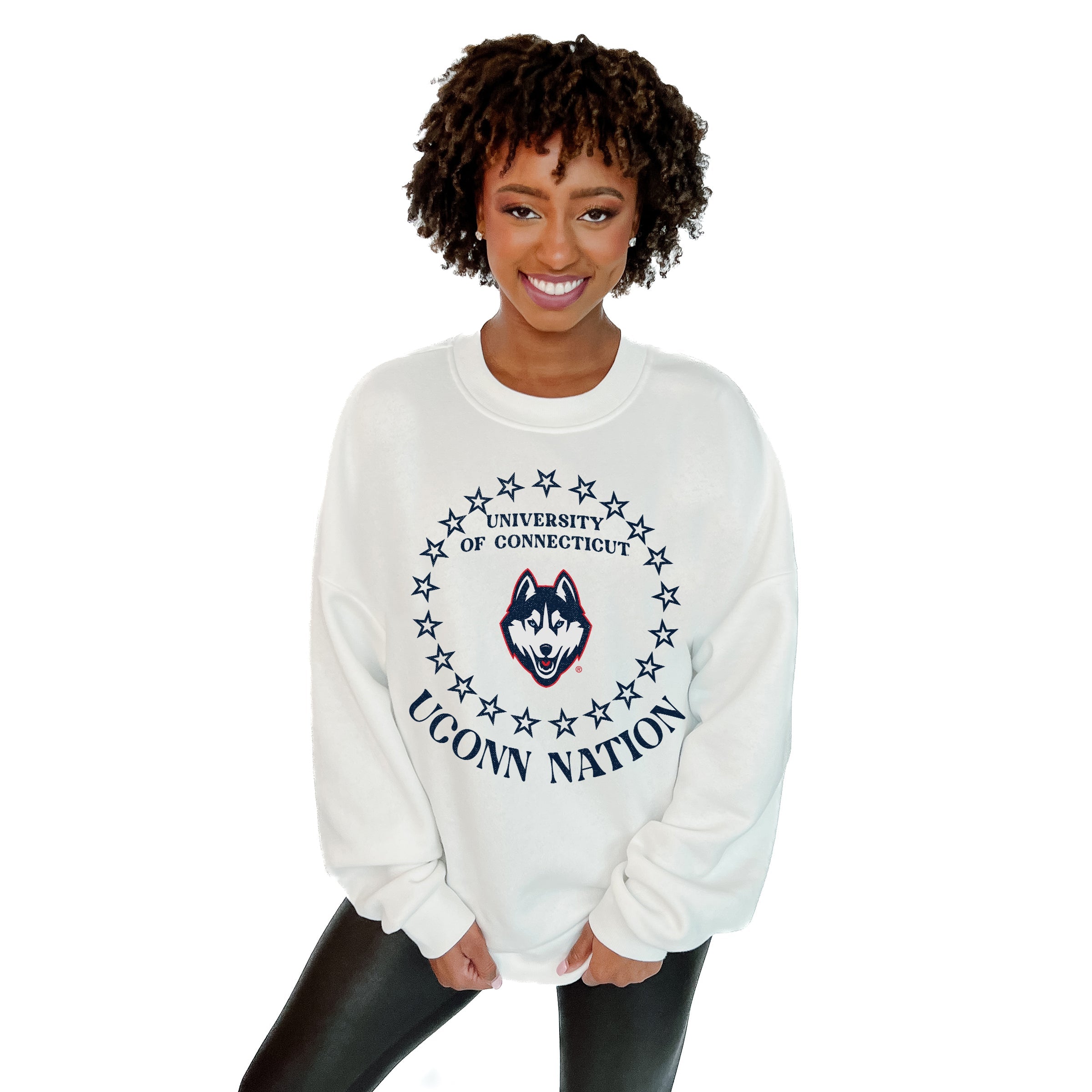 UCONN HUSKIES SUPERSTAR PREMIUM FLEECE DROP SHOULDER CREWNECK PULLOVER