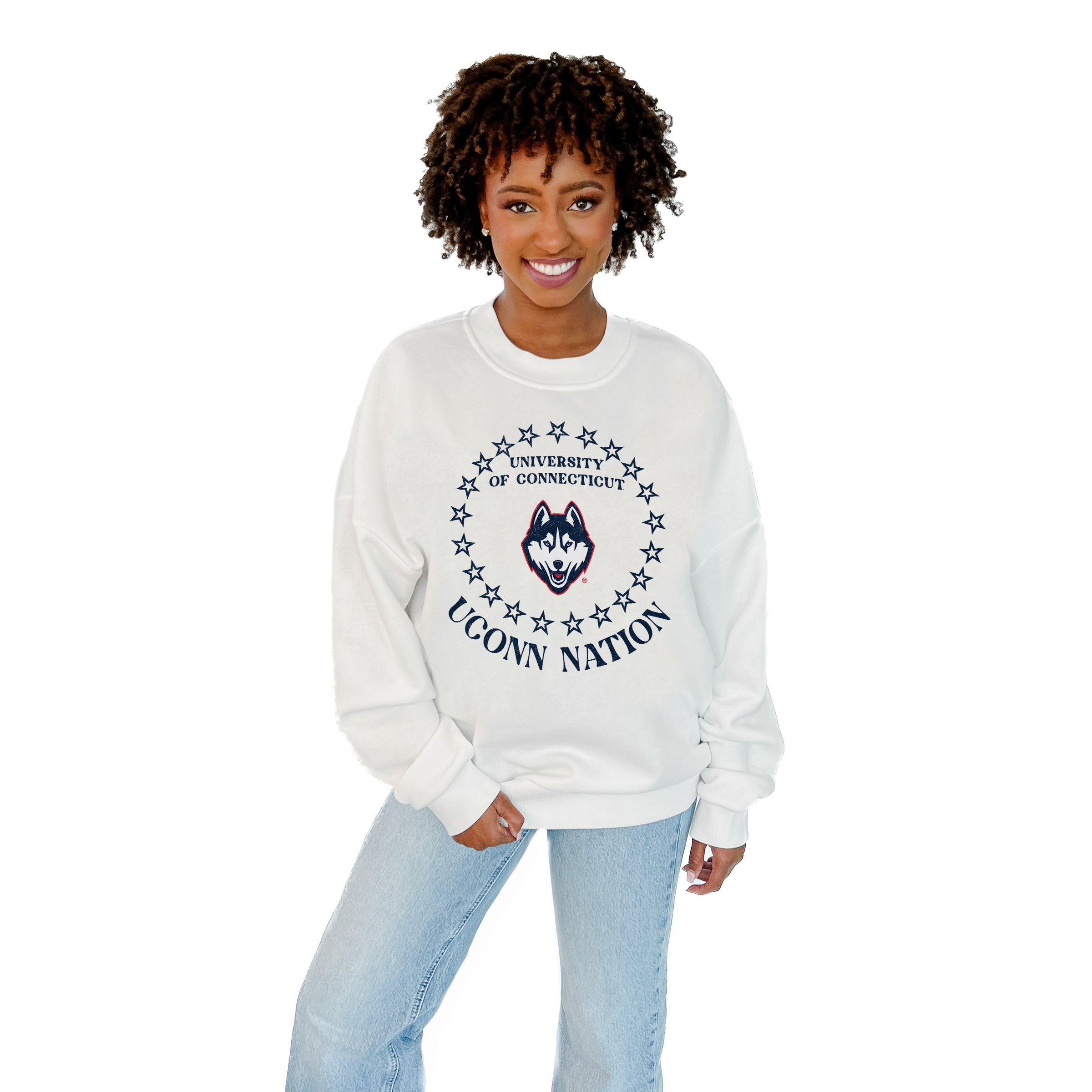 UCONN HUSKIES SUPERSTAR PREMIUM FLEECE DROP SHOULDER CREWNECK PULLOVER