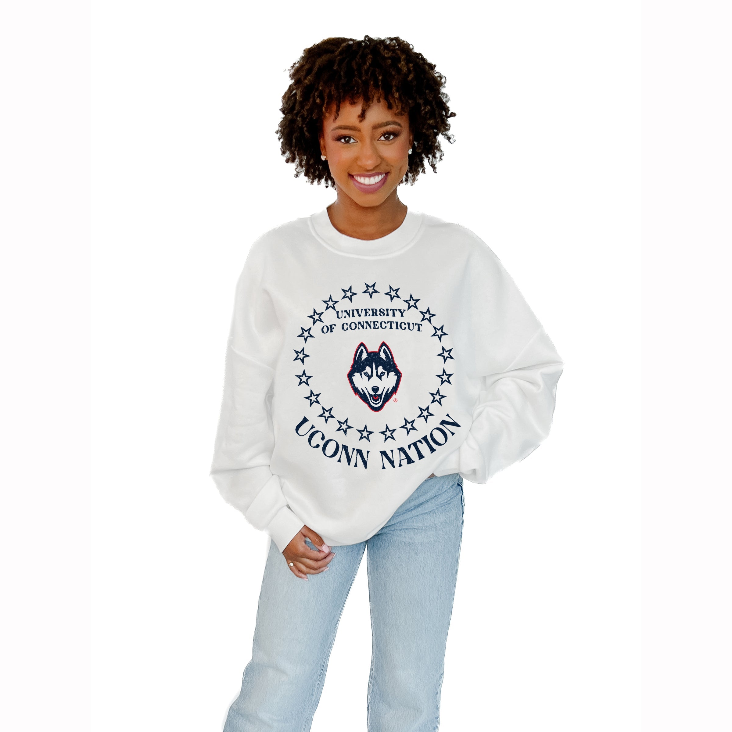 UCONN HUSKIES SUPERSTAR PREMIUM FLEECE DROP SHOULDER CREWNECK PULLOVER