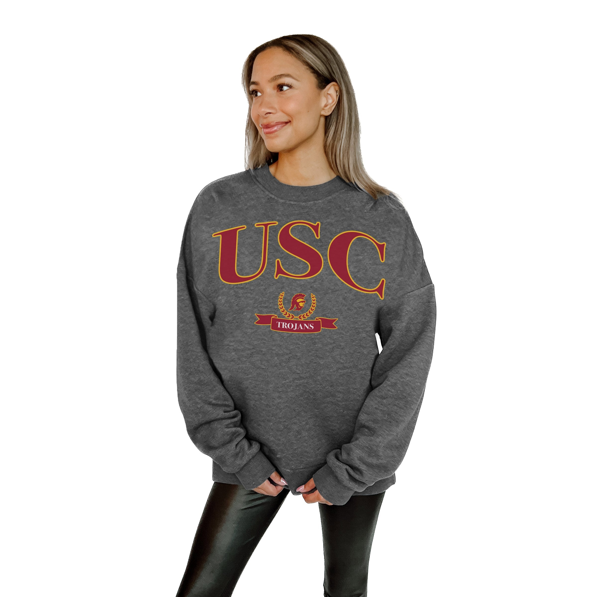 USC TROJANS SEAL THE DEAL PREMIUM FLEECE DROP SHOULDER CREWNECK PULLOVER