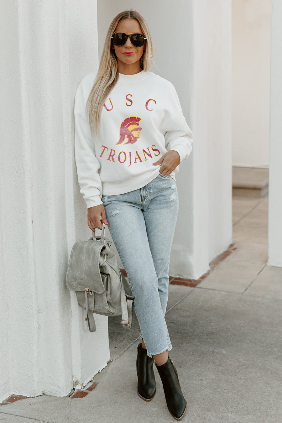 USC TROJANS PLAY ON PREMIUM FLEECE DROP SHOULDER CREWNECK PULLOVER