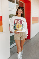 USC TROJANS TIME TO TAILGATE PREMIUM FLEECE DROP SHOULDER CREWNECK PULLOVER BY MADI PREWETT