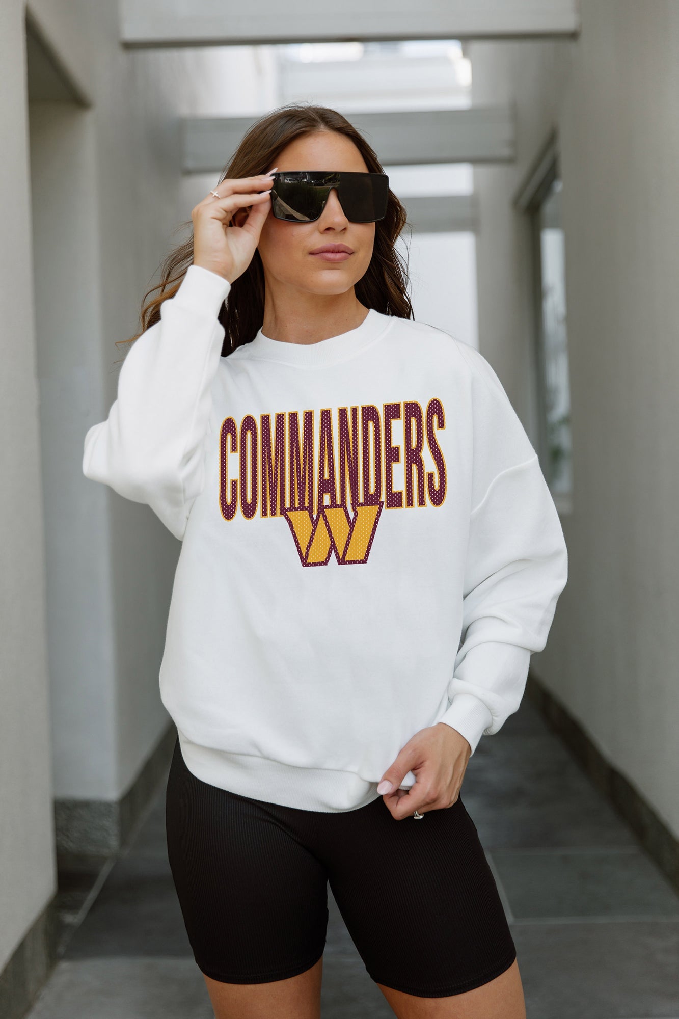 WASHINGTON COMMANDERS JUST GO WITH IT PREMIUM FLEECE DROP SHOULDER CREWNECK PULLOVER