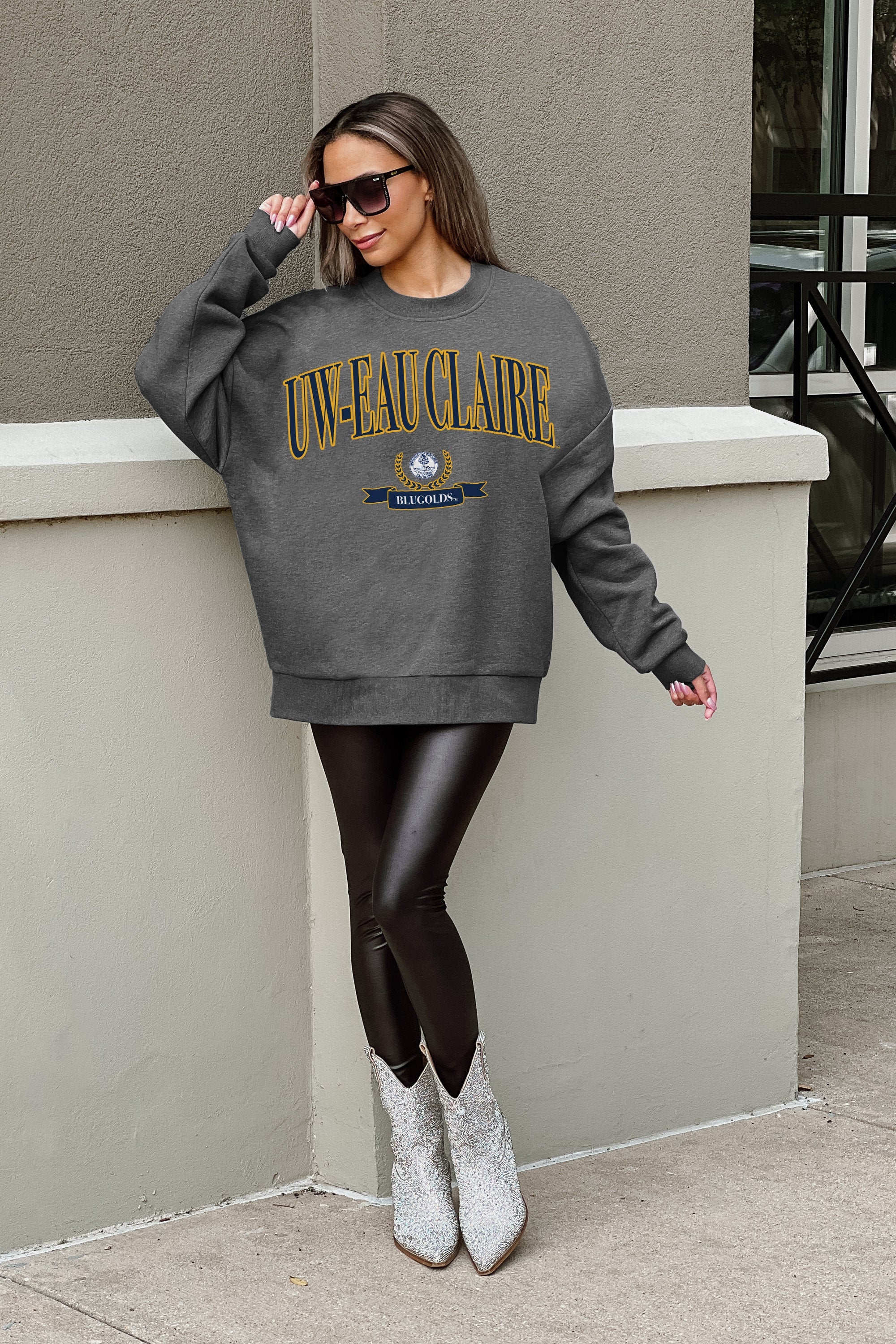 WISCONSIN-EAU CLAIRE BLUGOLDS SEAL THE DEAL PREMIUM FLEECE DROP SHOULDER CREWNECK PULLOVER