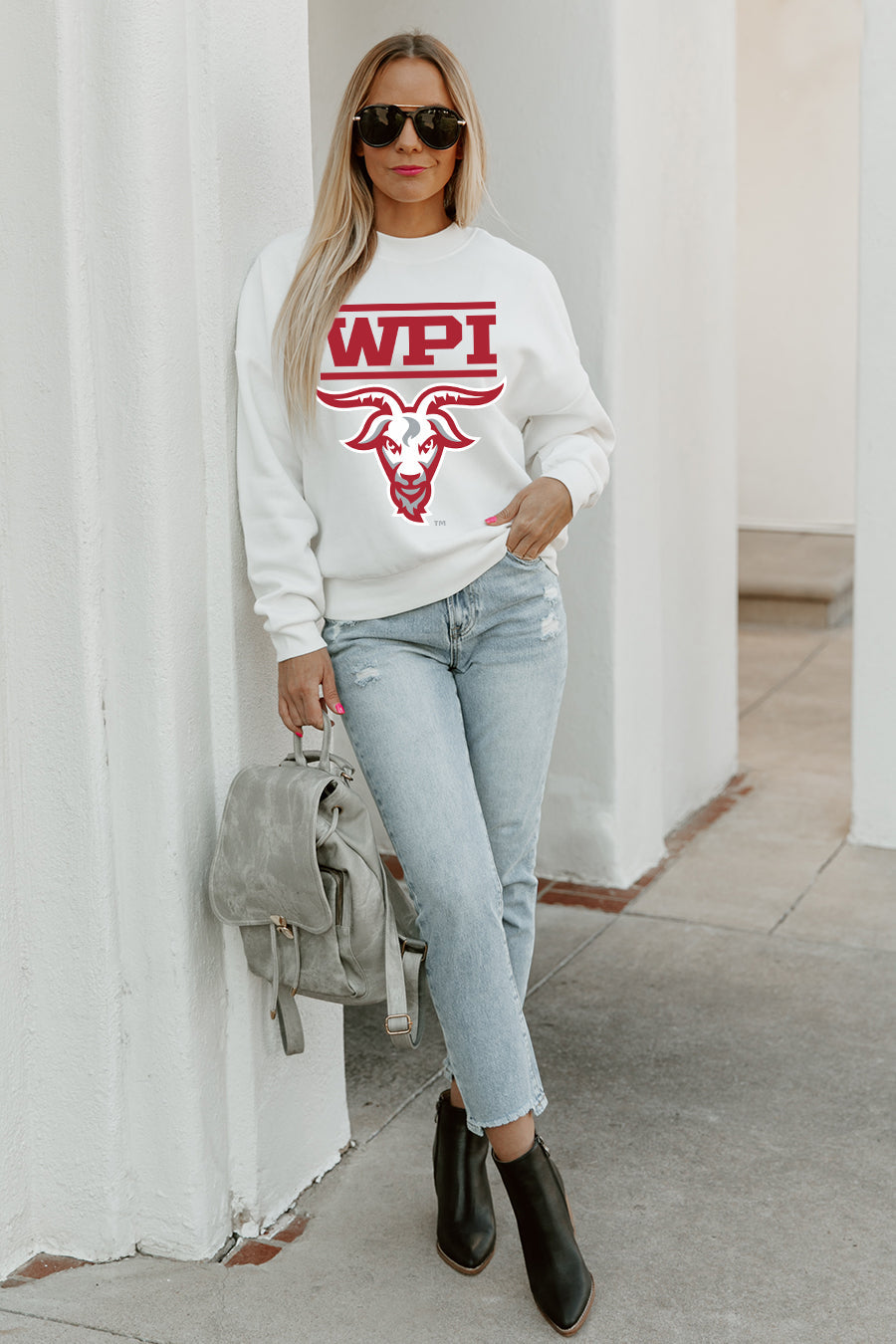 WORCESTER POLYTECHNIC INSTITUTE GOATS PLAY ON PREMIUM FLEECE DROP SHOULDER CREWNECK PULLOVER