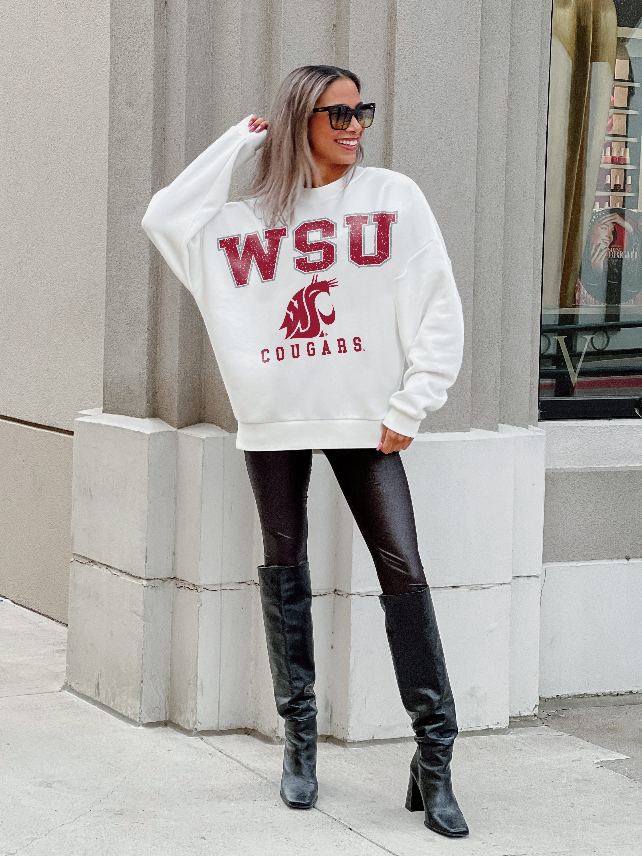 WASHINGTON STATE COUGARS FREESTYLE PREMIUM FLEECE DROP SHOULDER CREWNECK PULLOVER