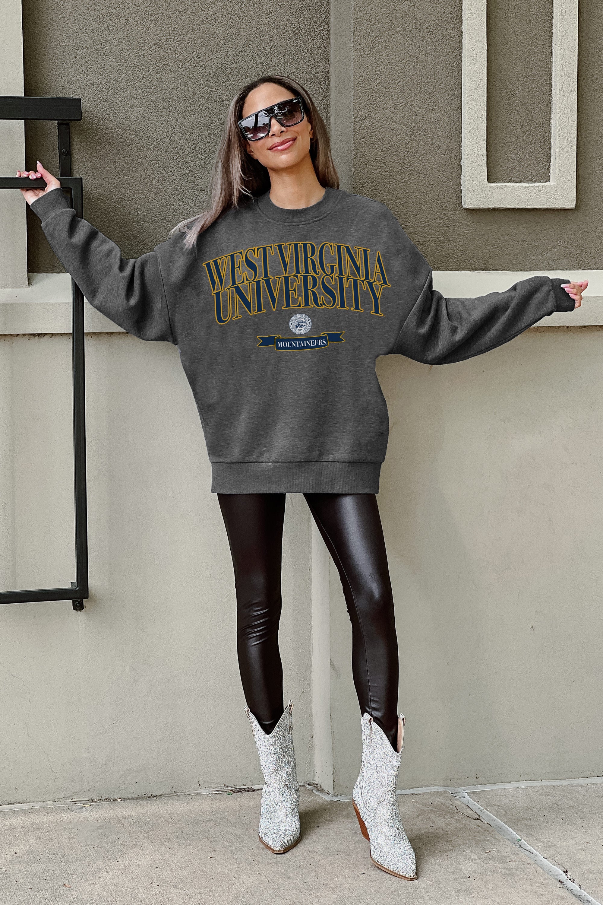 WEST VIRGINIA MOUNTAINEERS SEAL THE DEAL PREMIUM FLEECE DROP SHOULDER CREWNECK PULLOVER