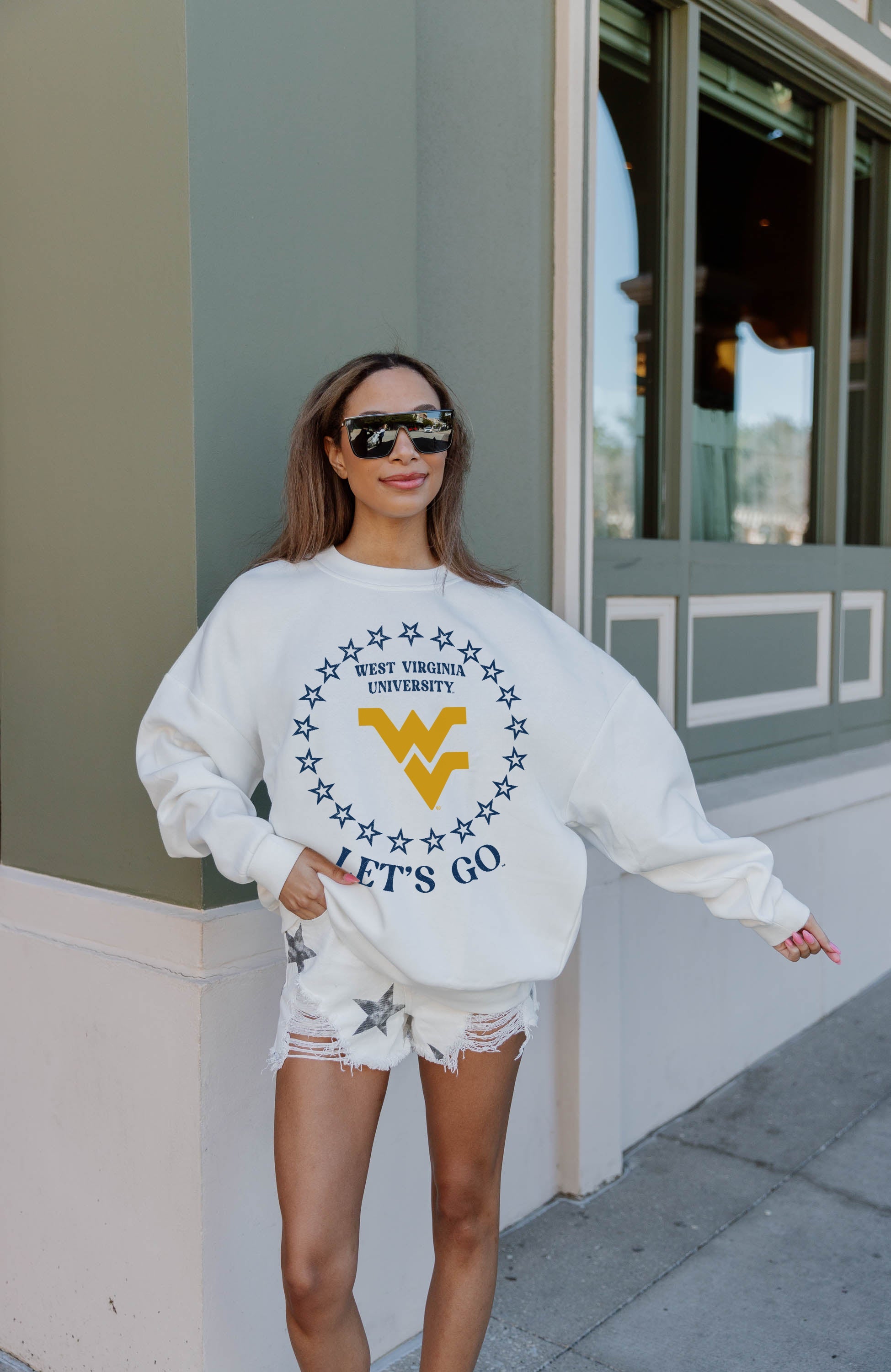 WEST VIRGINIA MOUNTAINEERS SUPERSTAR PREMIUM FLEECE DROP SHOULDER CREWNECK PULLOVER