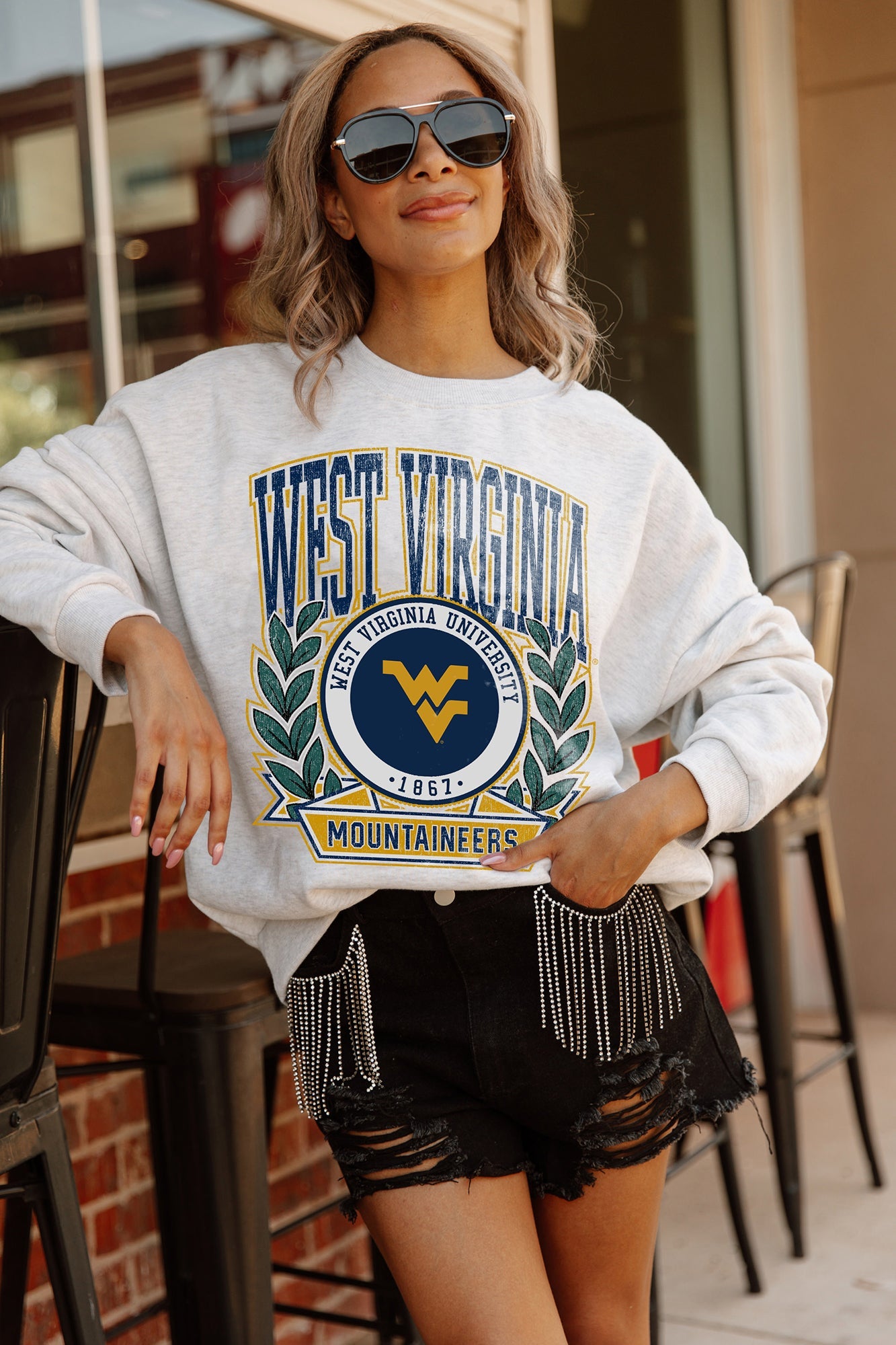 WEST VIRGINIA MOUNTAINEERS GO FIGHT WIN PREMIUM FLEECE DROP SHOULDER CREWNECK PULLOVER BY MADI PREWETT