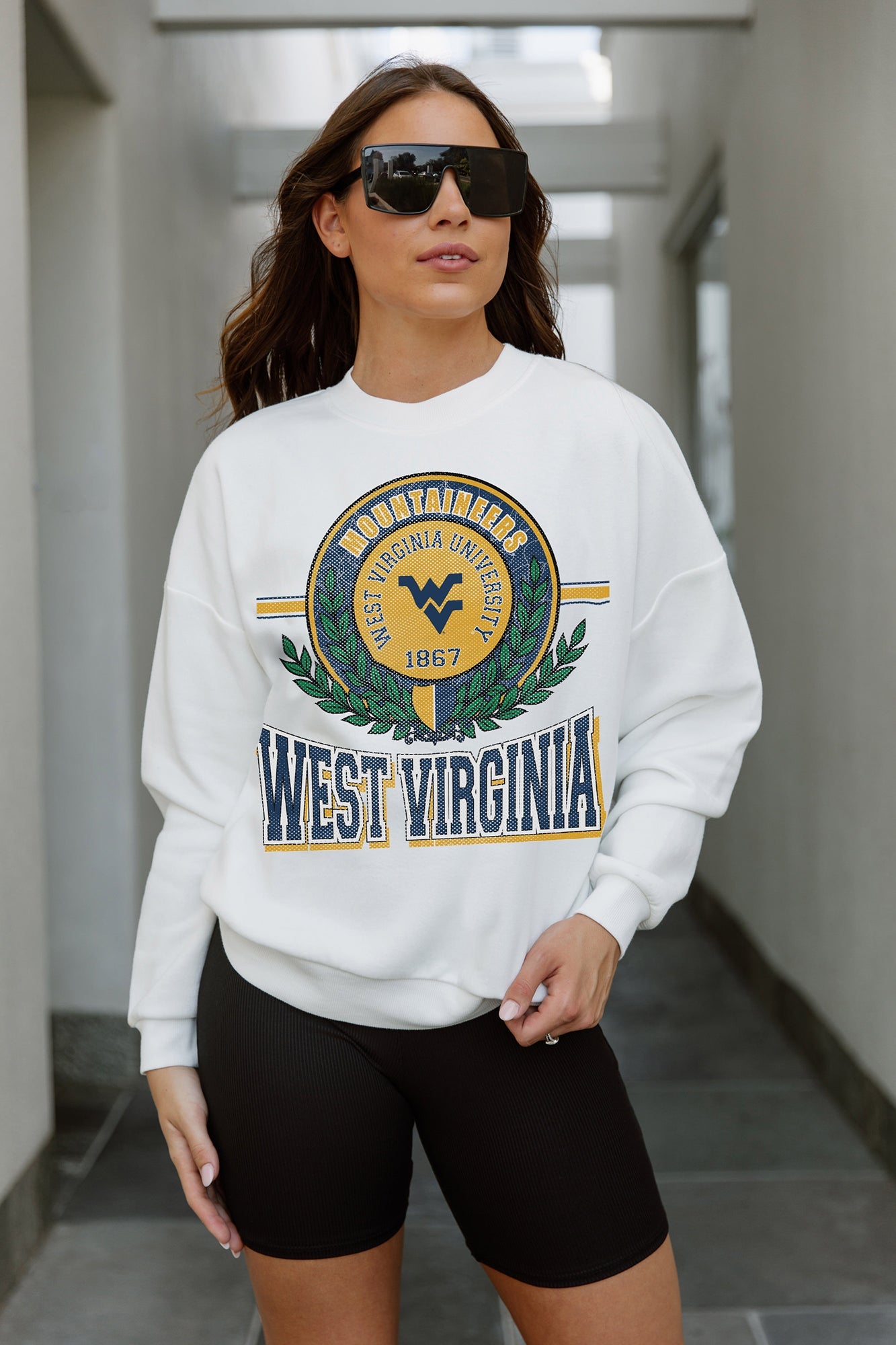 WEST VIRGINIA MOUNTAINEERS HOT SHOT PREMIUM FLEECE DROP SHOULDER CREWNECK PULLOVER