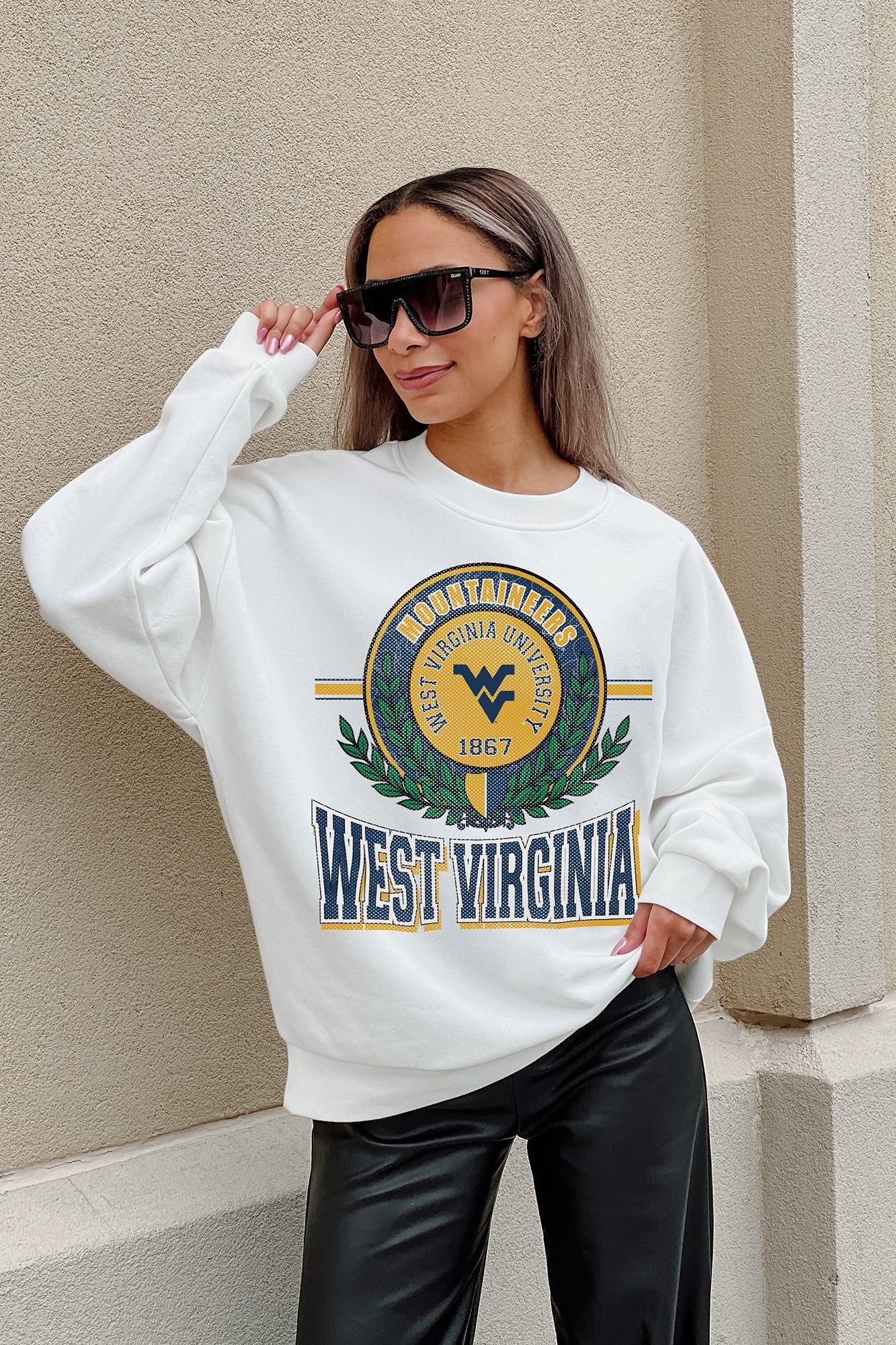 WEST VIRGINIA MOUNTAINEERS HOT SHOT PREMIUM FLEECE DROP SHOULDER CREWNECK PULLOVER