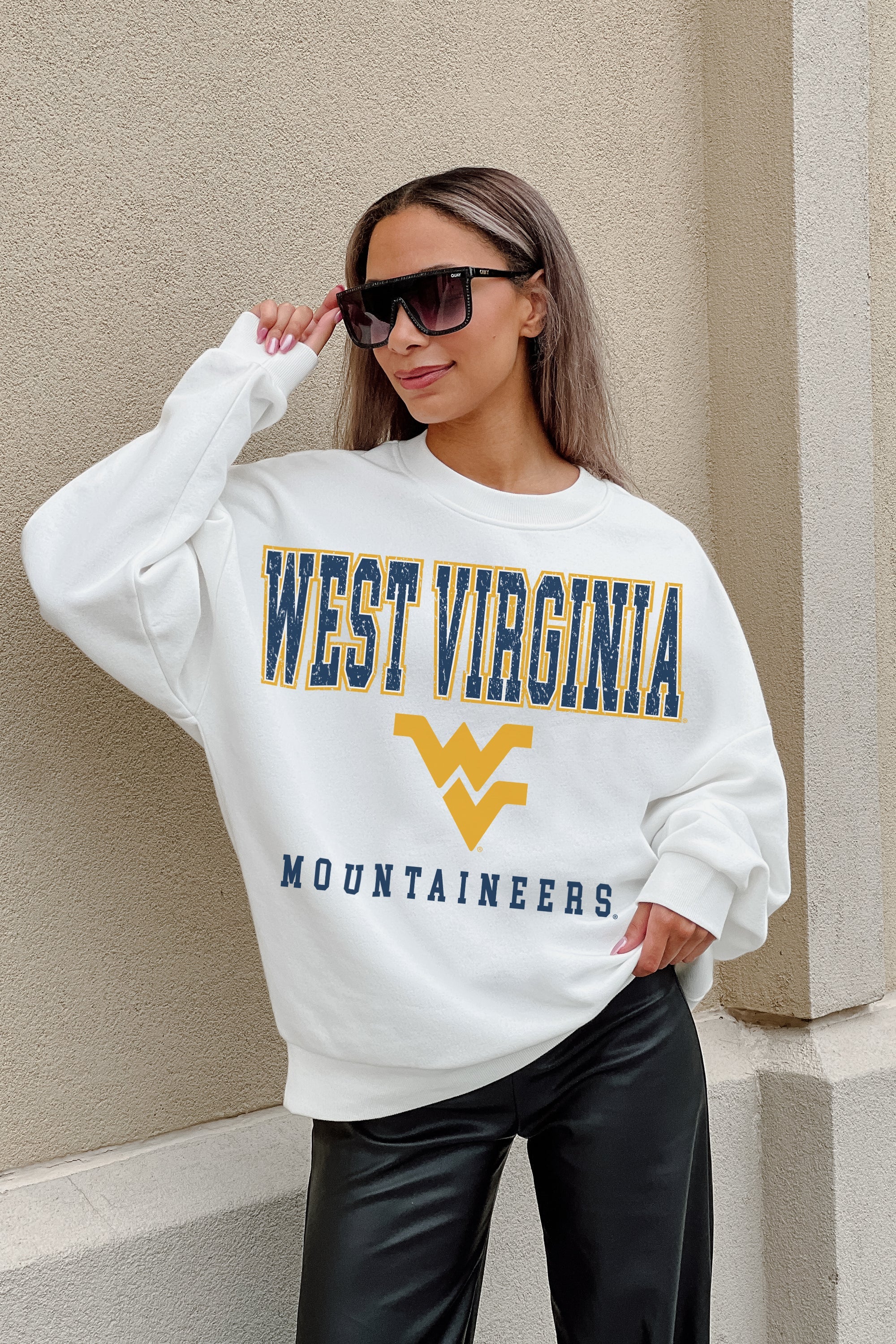 WEST VIRGINIA MOUNTAINEERS FREESTYLE PREMIUM FLEECE DROP SHOULDER CREWNECK PULLOVER