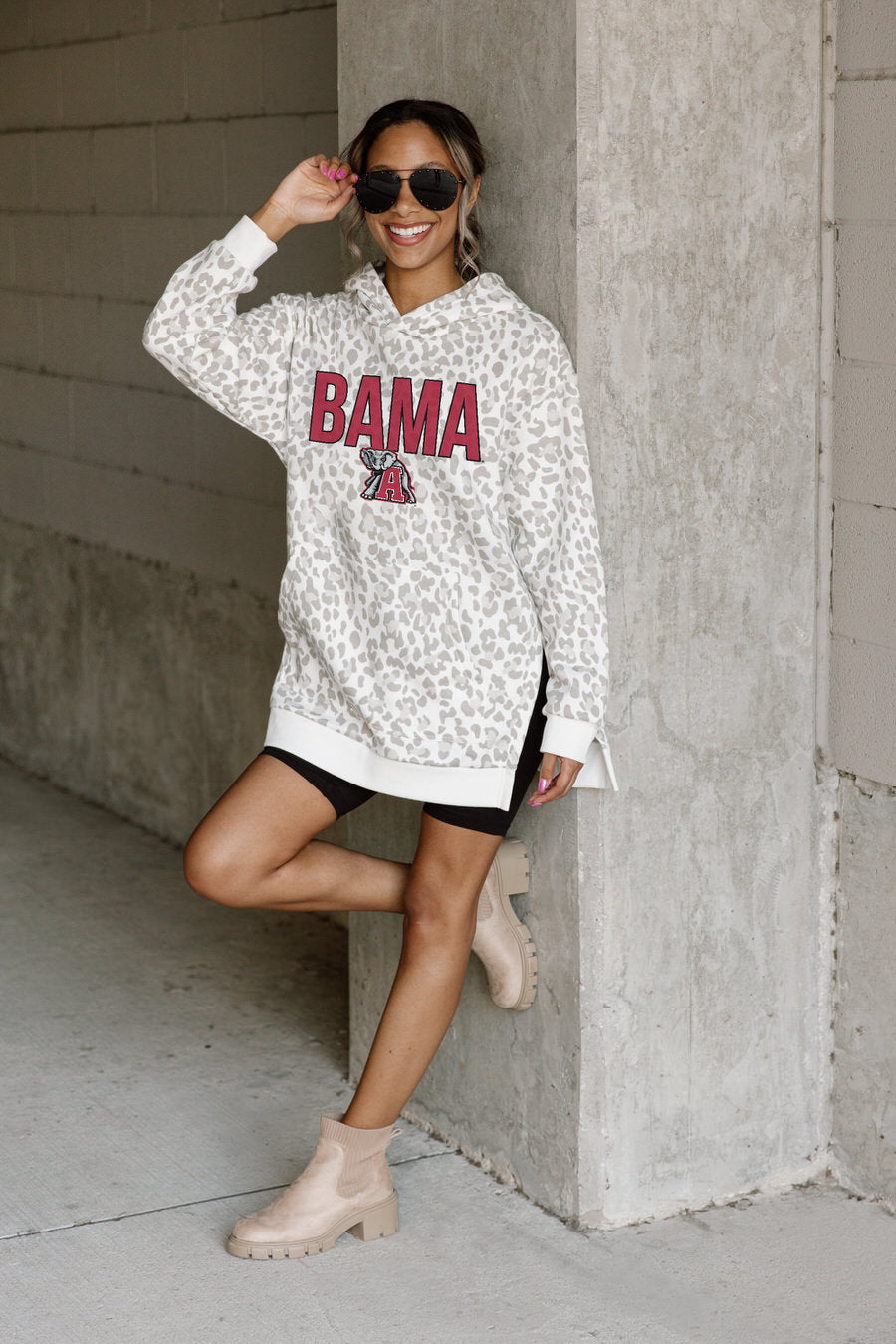 ALABAMA CRIMSON TIDE FIERCE FAN SIDE SPLIT LEOPARD HOODIE