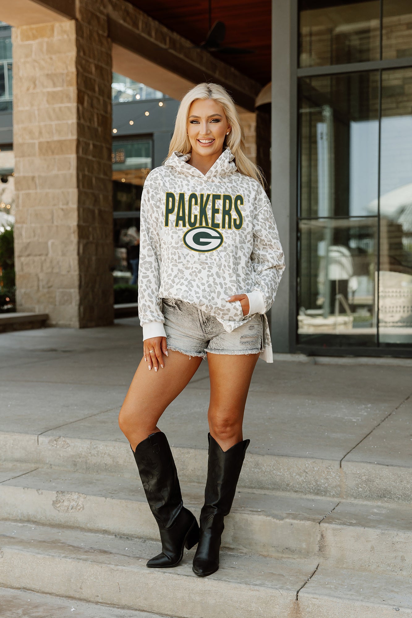 Womens' Gameday Couture White Green Bay Packers Leopard Side Slit Pullover Hoodie Size: Extra Large