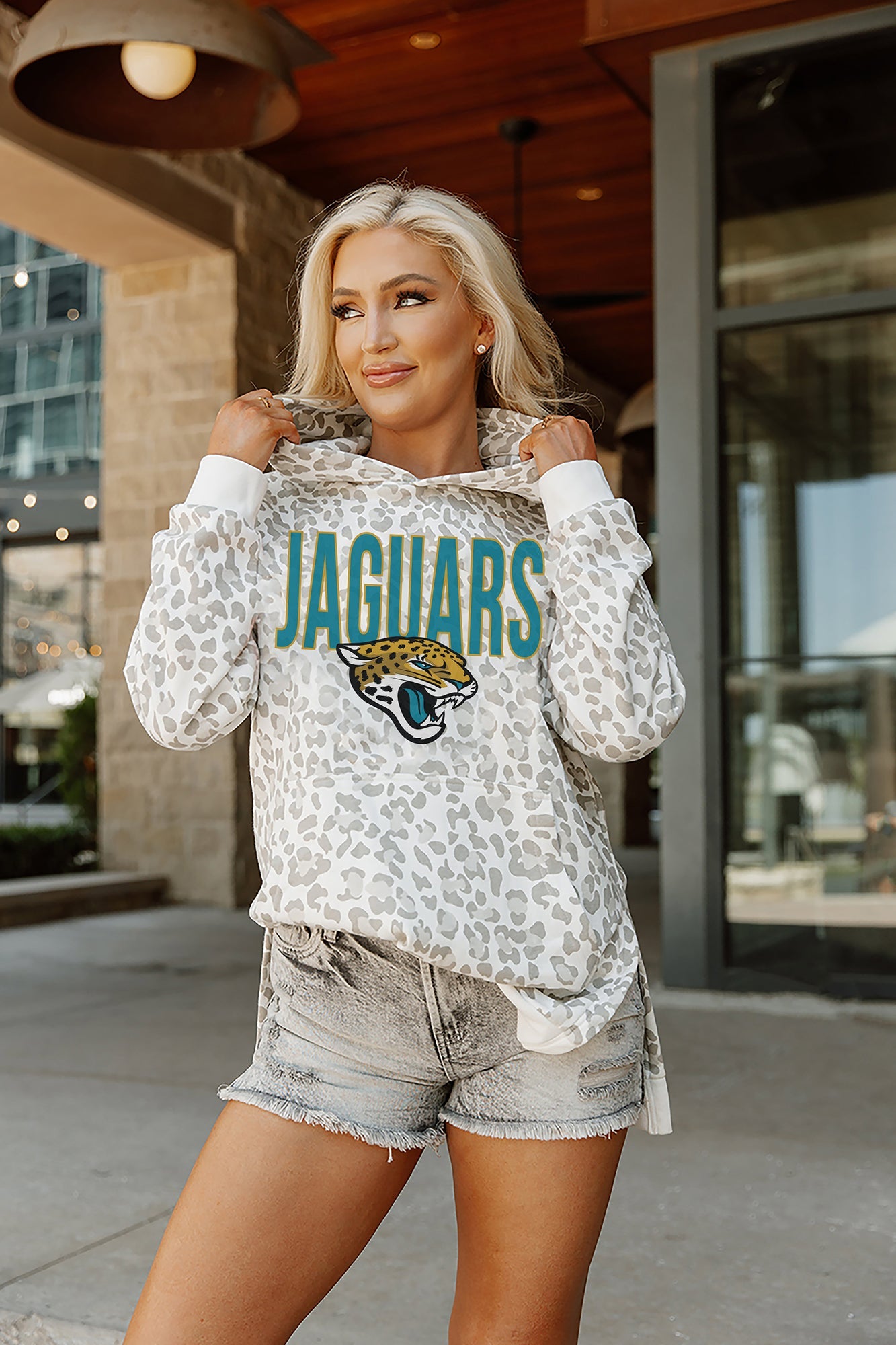 JACKSONVILLE JAGUARS SIDELINE HOODED LEOPARD FLEECE PULLOVER WITH