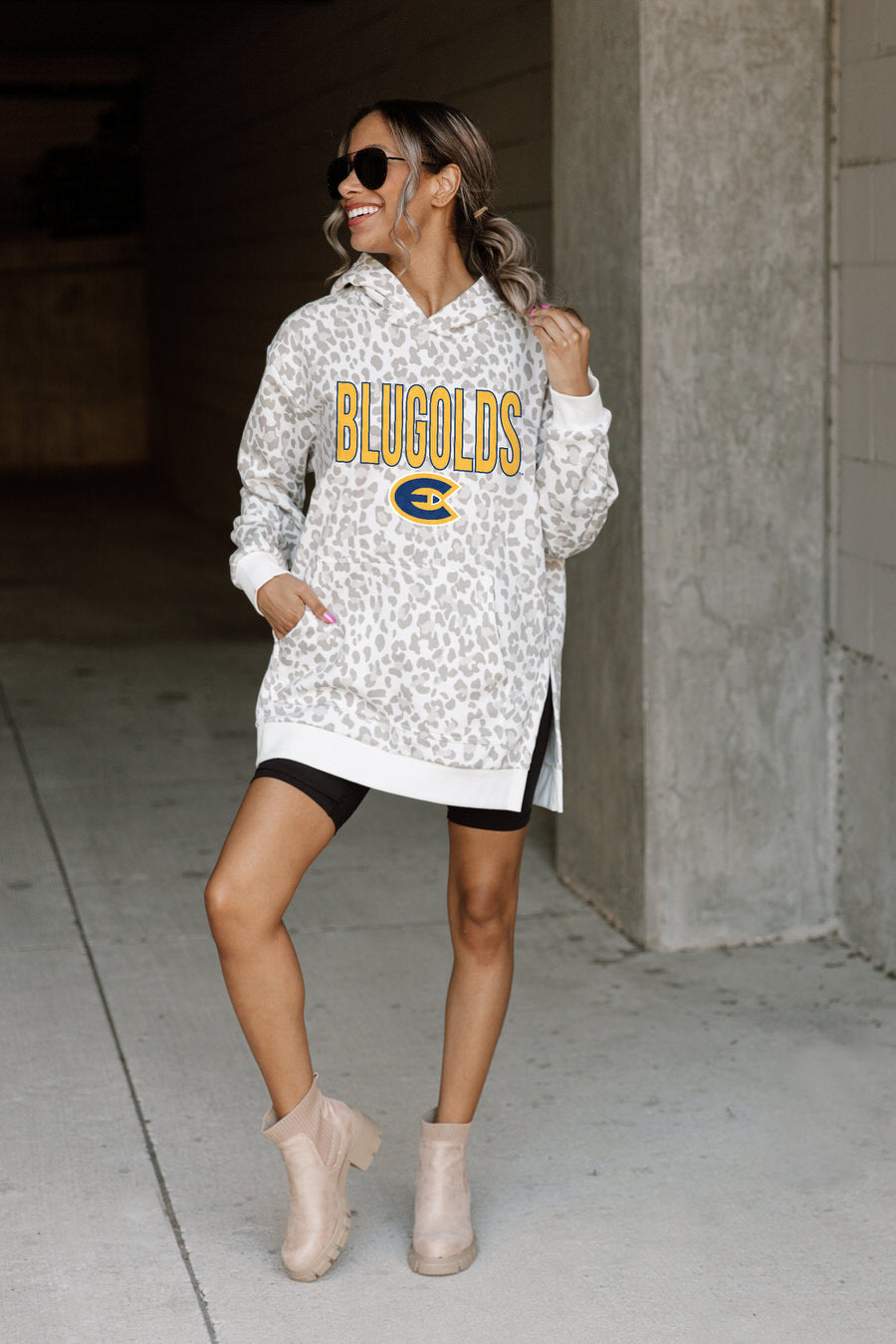 WISCONSIN-EAU CLAIRE BLUGOLDS FIERCE FAN SIDE SPLIT LEOPARD HOODIE