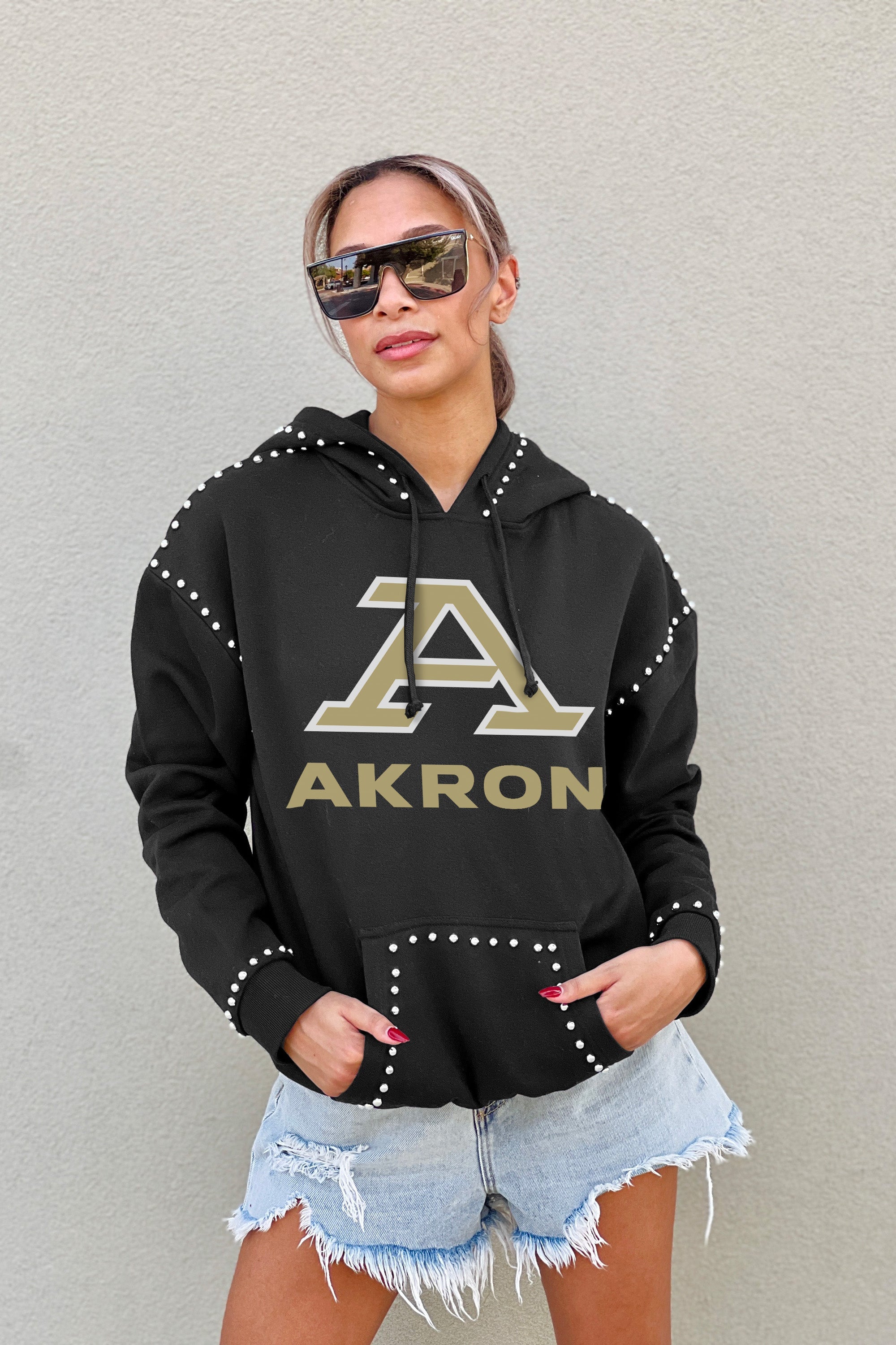 AKRON ZIPS BELLE OF THE BALL STUDDED DETAIL FLEECE FRONT POCKET HOODIE