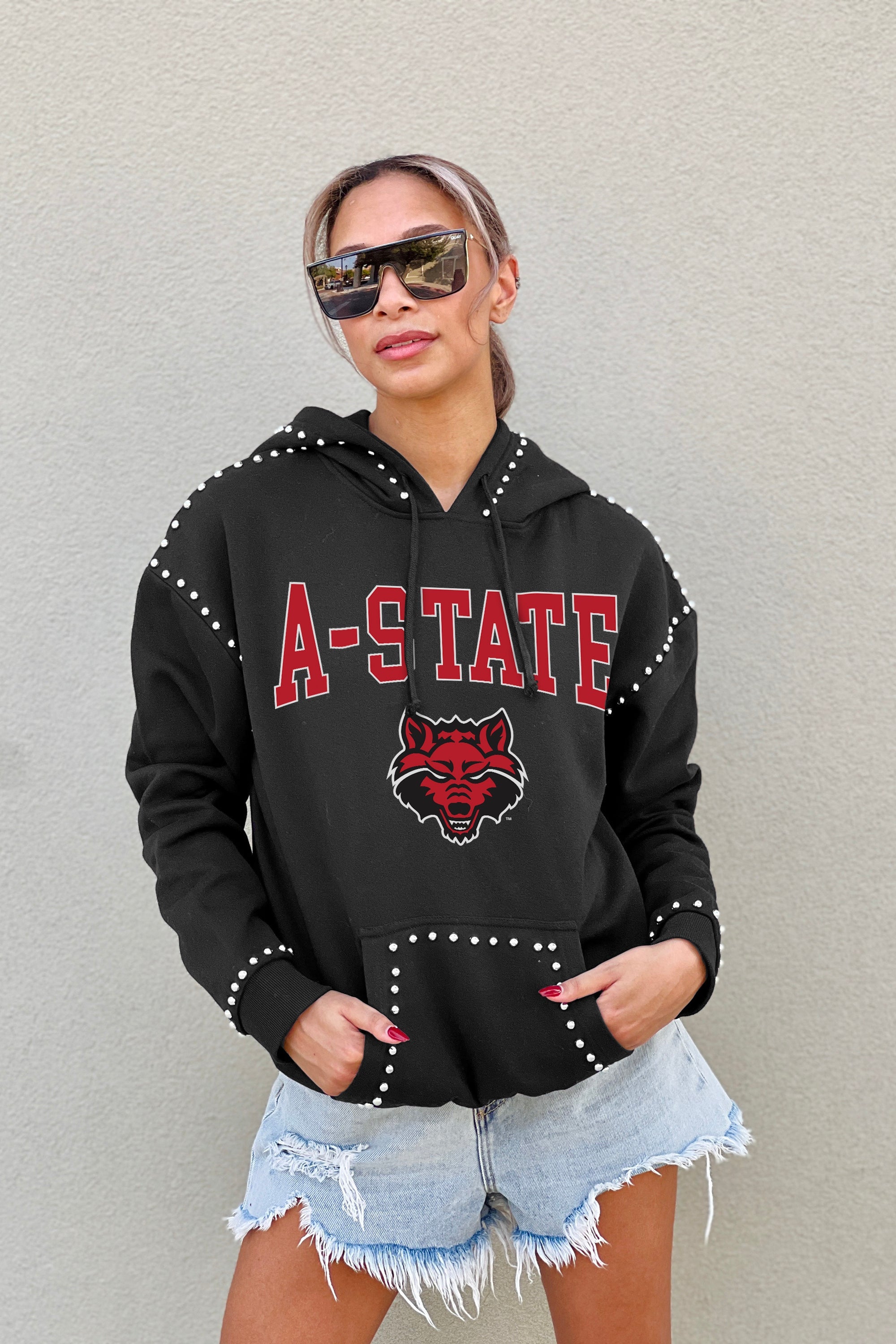 ARKANSAS STATE RED WOLVES BELLE OF THE BALL STUDDED DETAIL FLEECE FRONT POCKET HOODIE