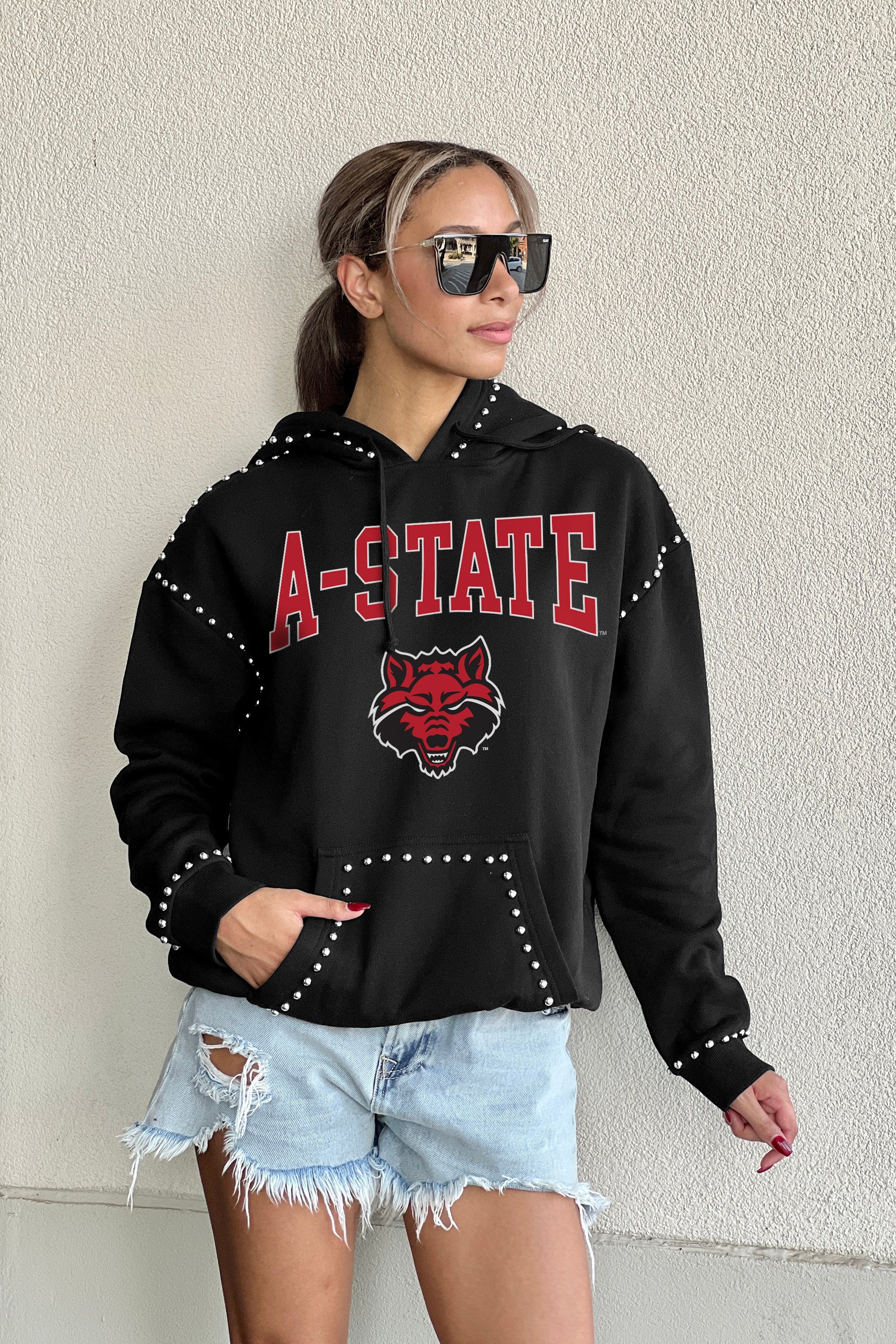 ARKANSAS STATE RED WOLVES BELLE OF THE BALL STUDDED DETAIL FLEECE FRONT POCKET HOODIE