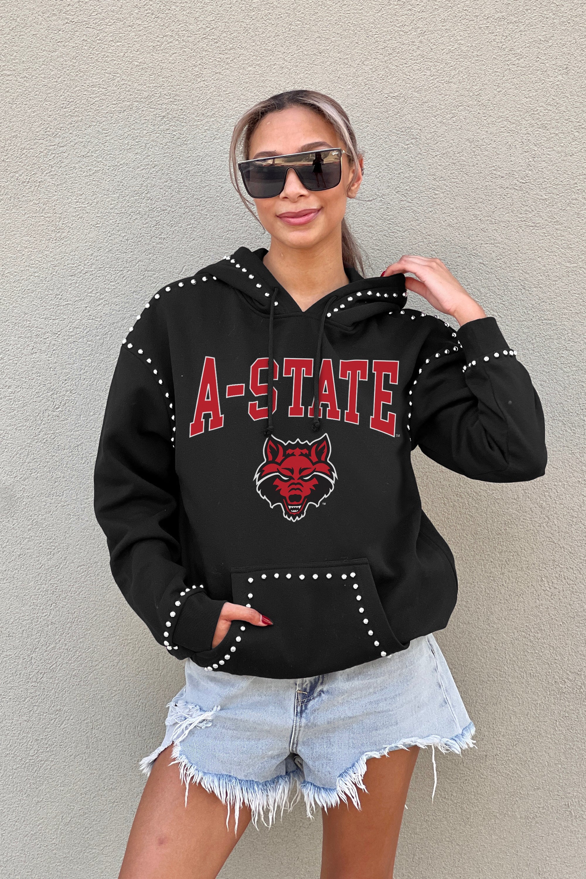 ARKANSAS STATE RED WOLVES BELLE OF THE BALL STUDDED DETAIL FLEECE FRONT POCKET HOODIE