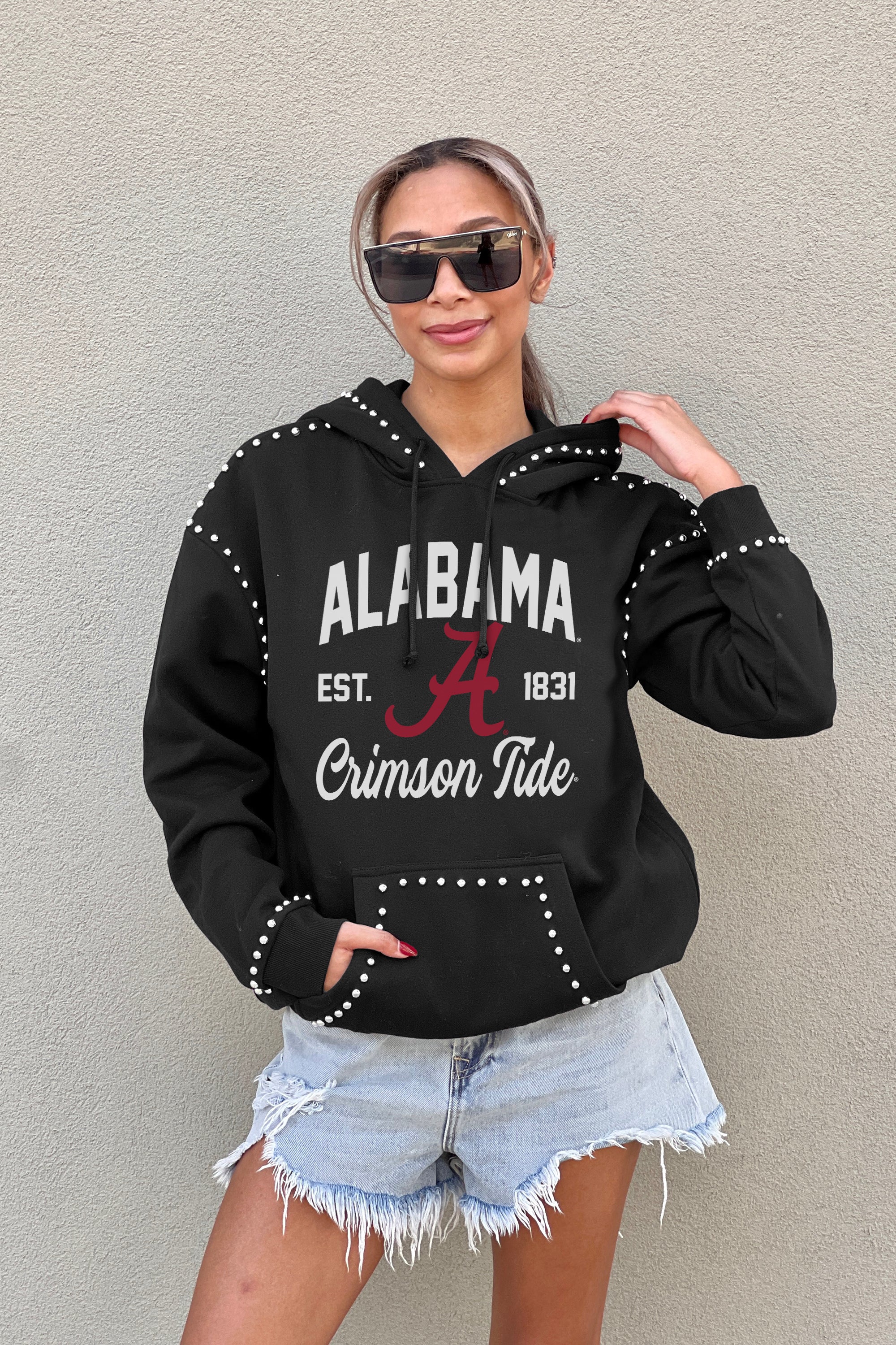 ALABAMA CRIMSON TIDE HERE FOR IT STUDDED DETAIL FLEECE FRONT POCKET HOODIE