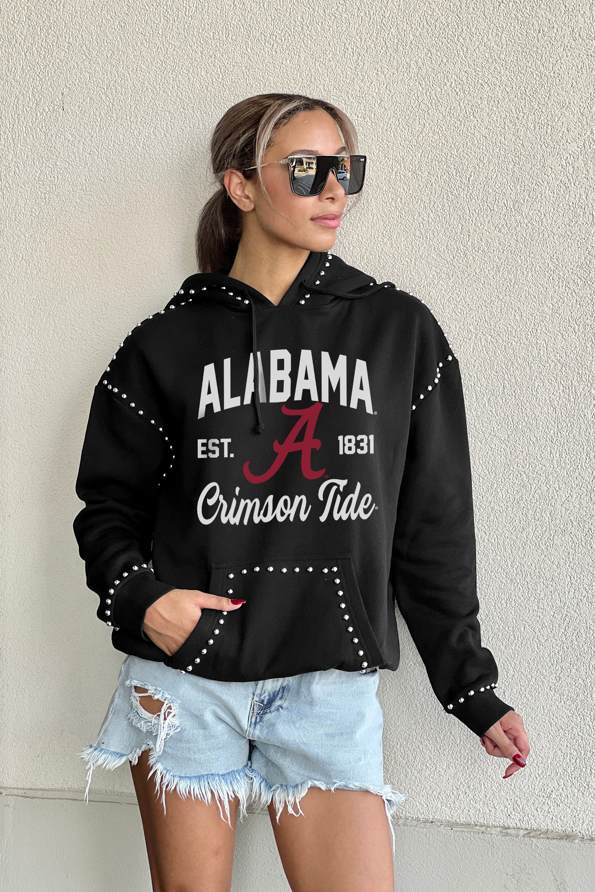 ALABAMA CRIMSON TIDE HERE FOR IT STUDDED DETAIL FLEECE FRONT POCKET HOODIE