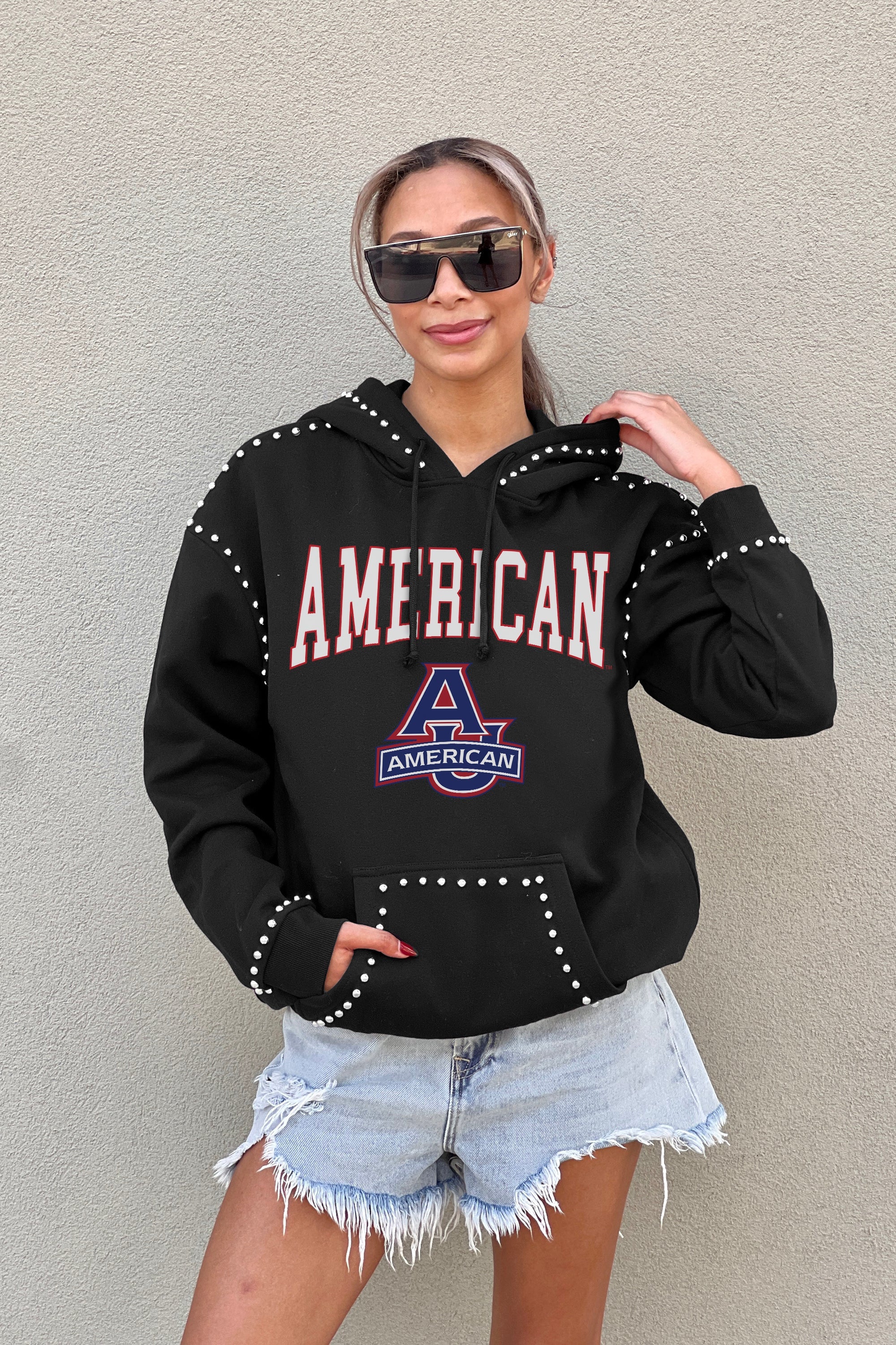 AMERICAN UNIVERSITY EAGLES BELLE OF THE BALL STUDDED DETAIL FLEECE FRONT POCKET HOODIE