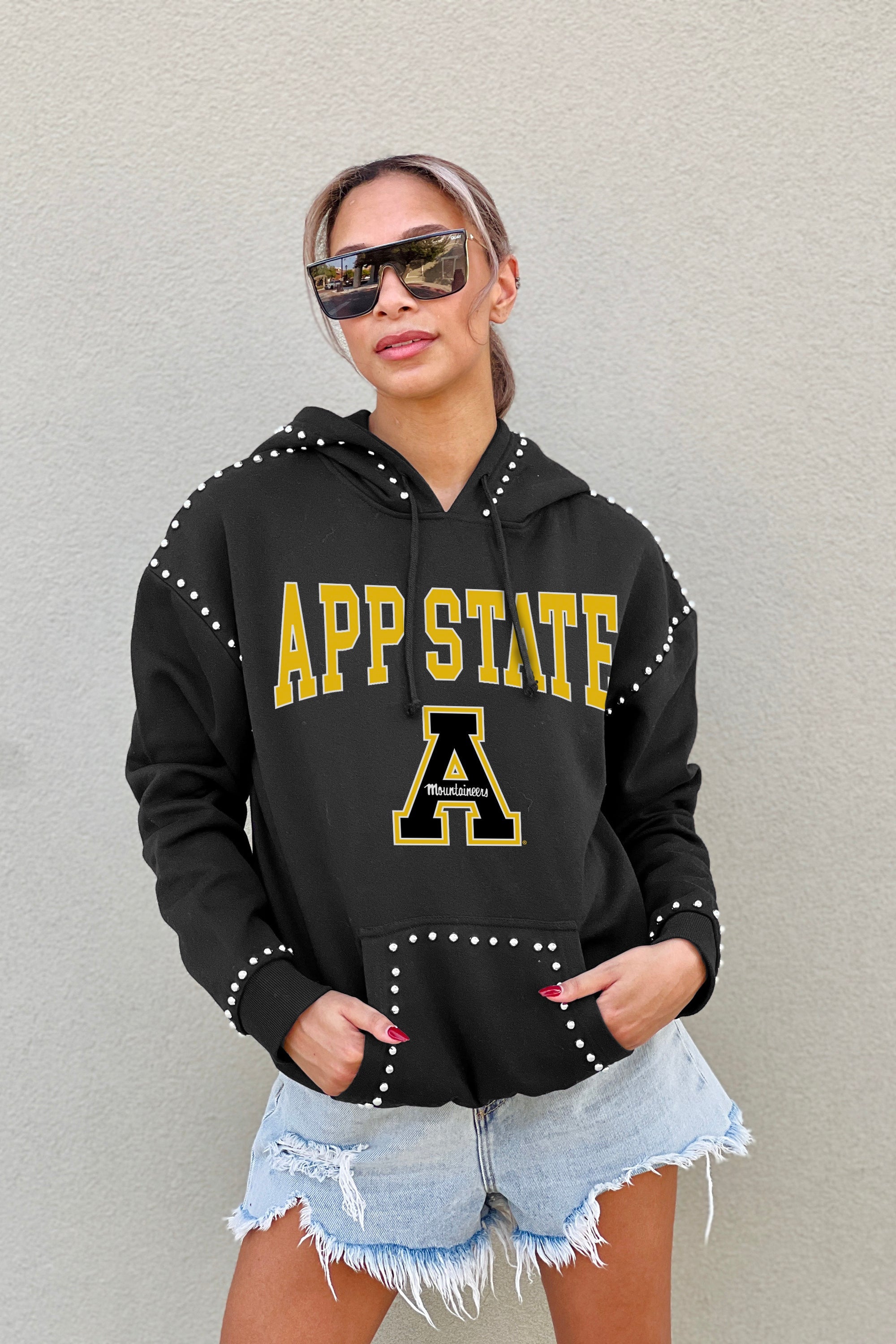 APPALACHIAN STATE MOUNTAINEERS BELLE OF THE BALL STUDDED DETAIL FLEECE FRONT POCKET HOODIE