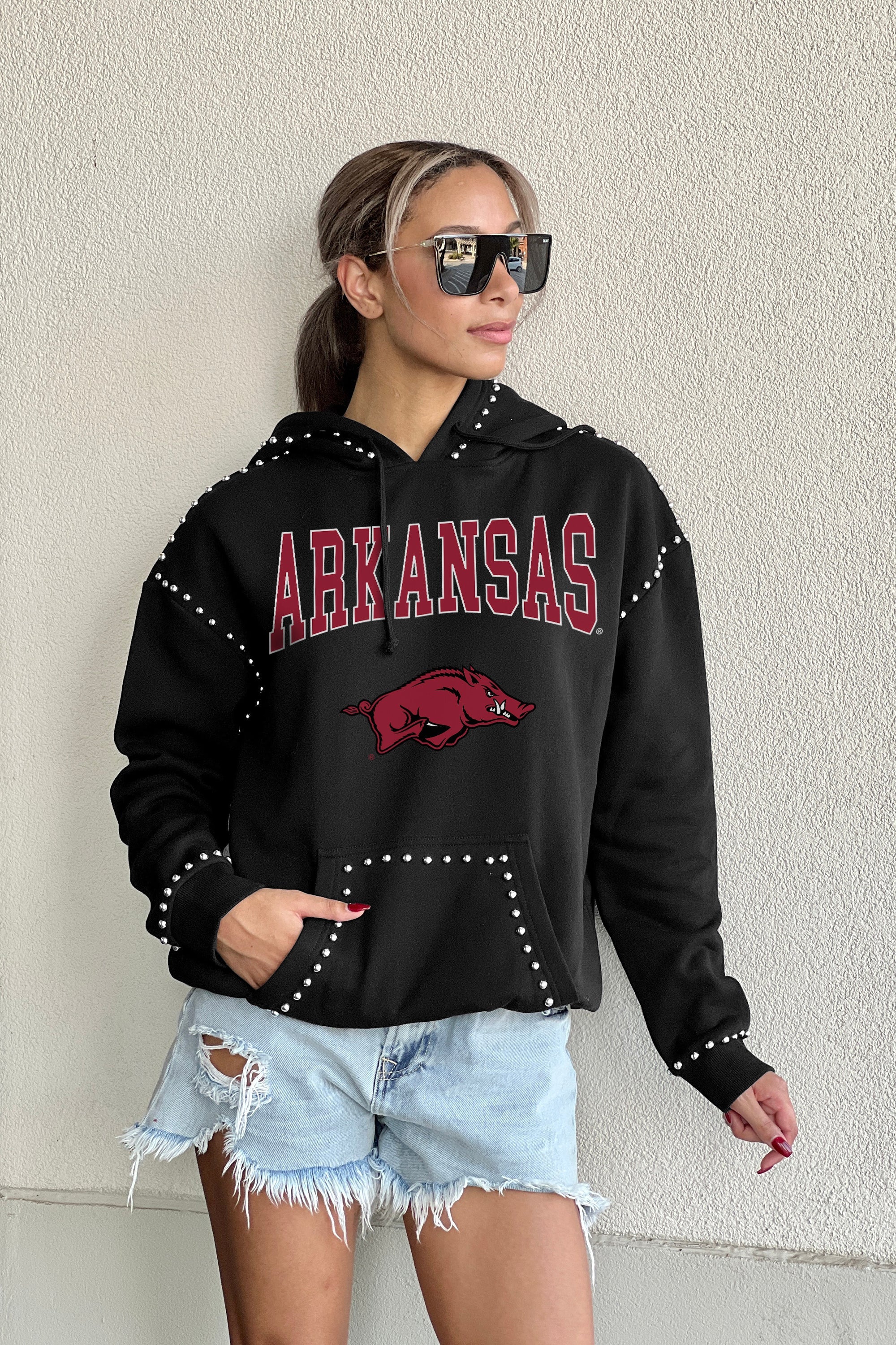 ARKANSAS RAZORBACKS BELLE OF THE BALL STUDDED DETAIL FLEECE FRONT POCKET HOODIE