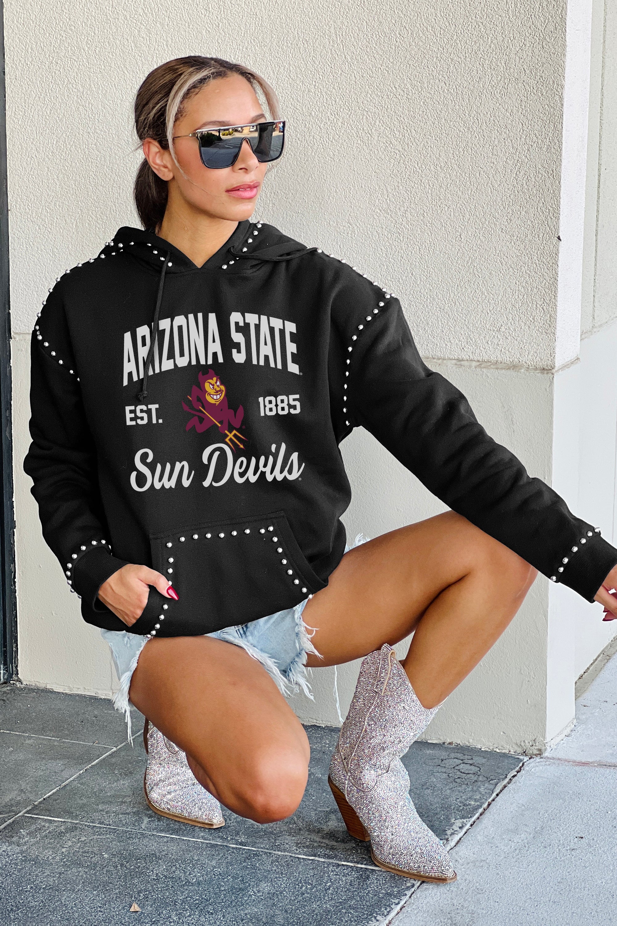 ARIZONA STATE SUN DEVILS HERE FOR IT STUDDED DETAIL FLEECE FRONT POCKET HOODIE