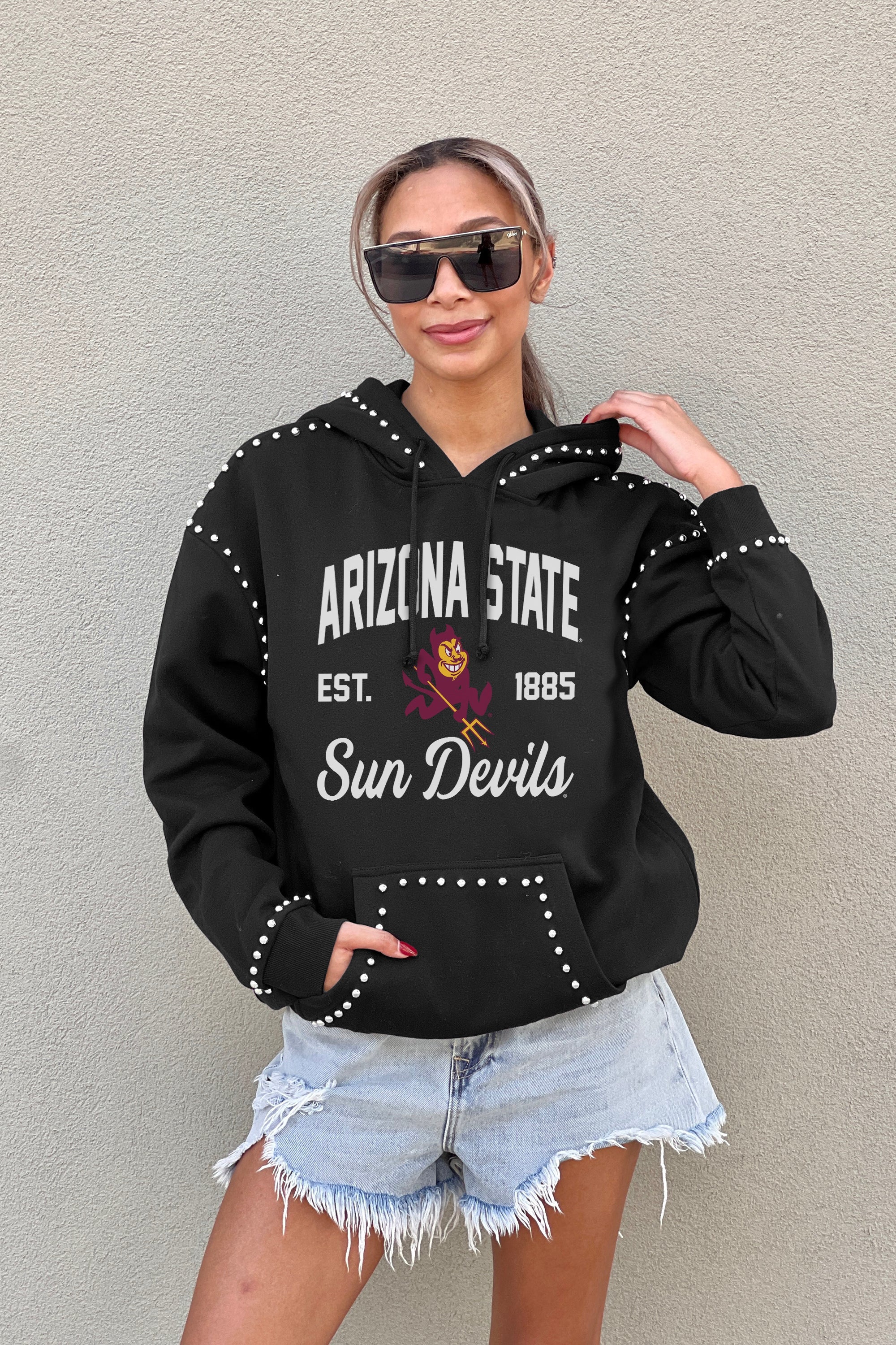 ARIZONA STATE SUN DEVILS HERE FOR IT STUDDED DETAIL FLEECE FRONT POCKET HOODIE